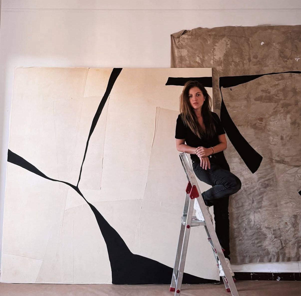 Minimalist Abstract Painting with Dark Linear Forms by Alicia Gimeno 2025 For Sale 9