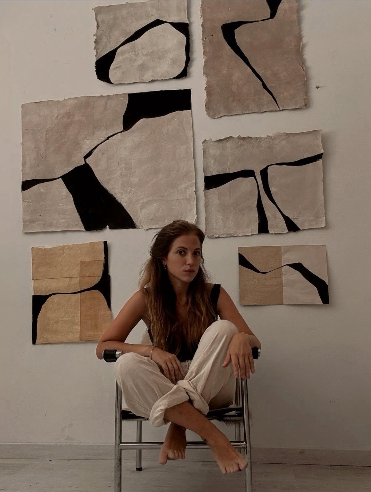 Minimalist Abstract Painting with Dark Linear Forms by Alicia Gimeno 2025 For Sale 8