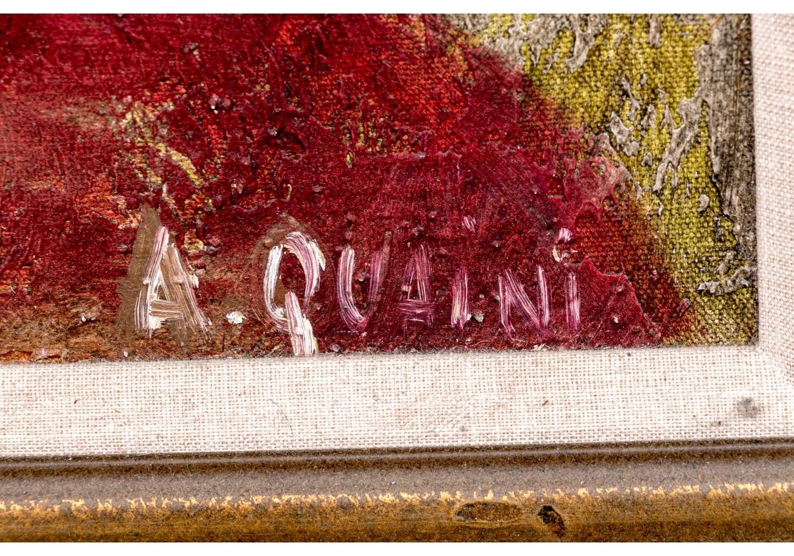 Pallet oil on canvas depicting a still life with a multi-colored floral bouquet in a vase on a red table top surface. Set against a molted background.
Presented in a gilt frame, linen fillet.
Signed lower right.
Signed on verso and dated 2003,