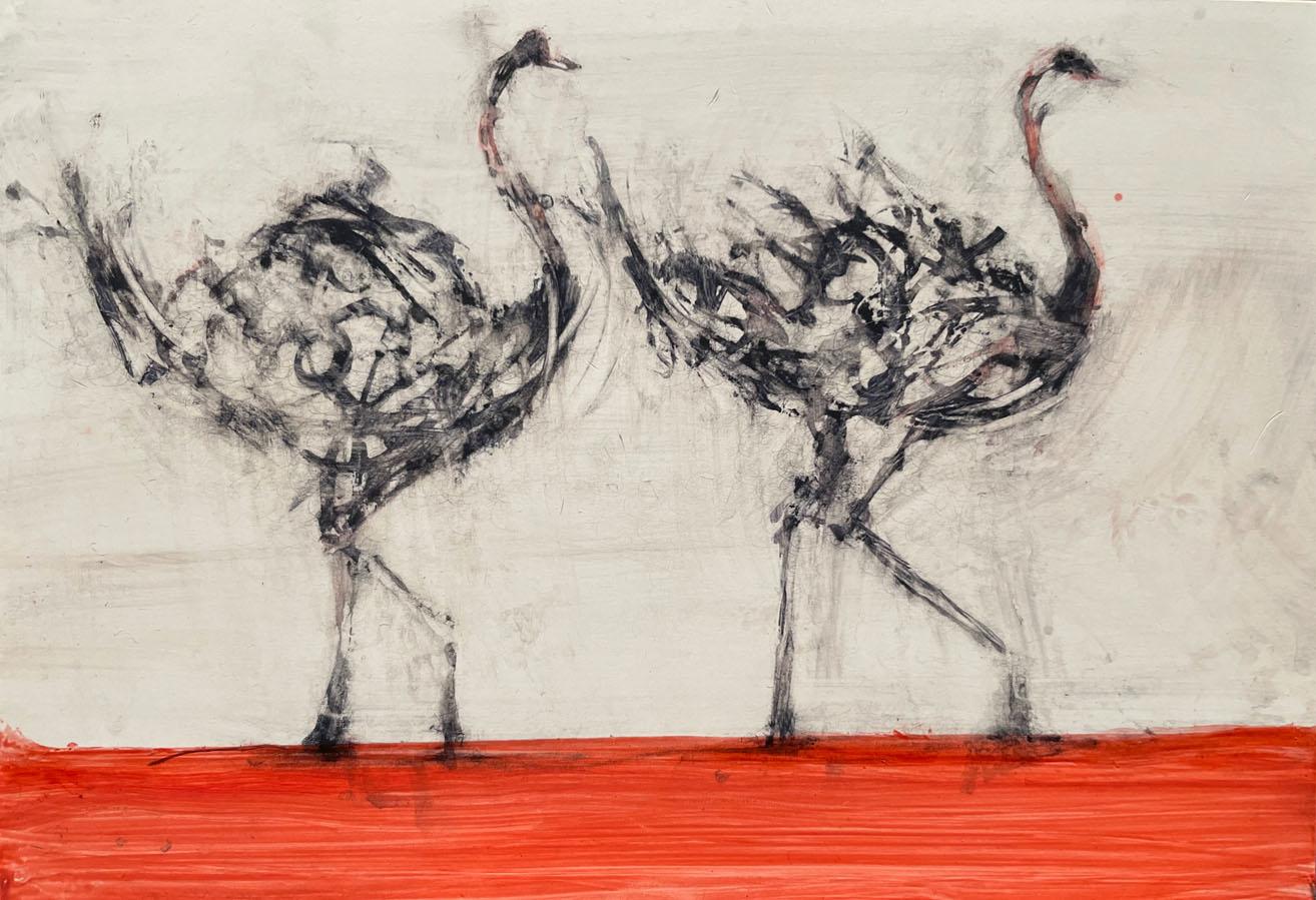 Alicia Rothman Animal Painting - 2 Ostriches, oil painting on panel of two birds, neutral tones and bright red