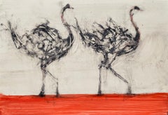 2 Ostriches, oil painting on panel of two birds, neutral tones and bright red