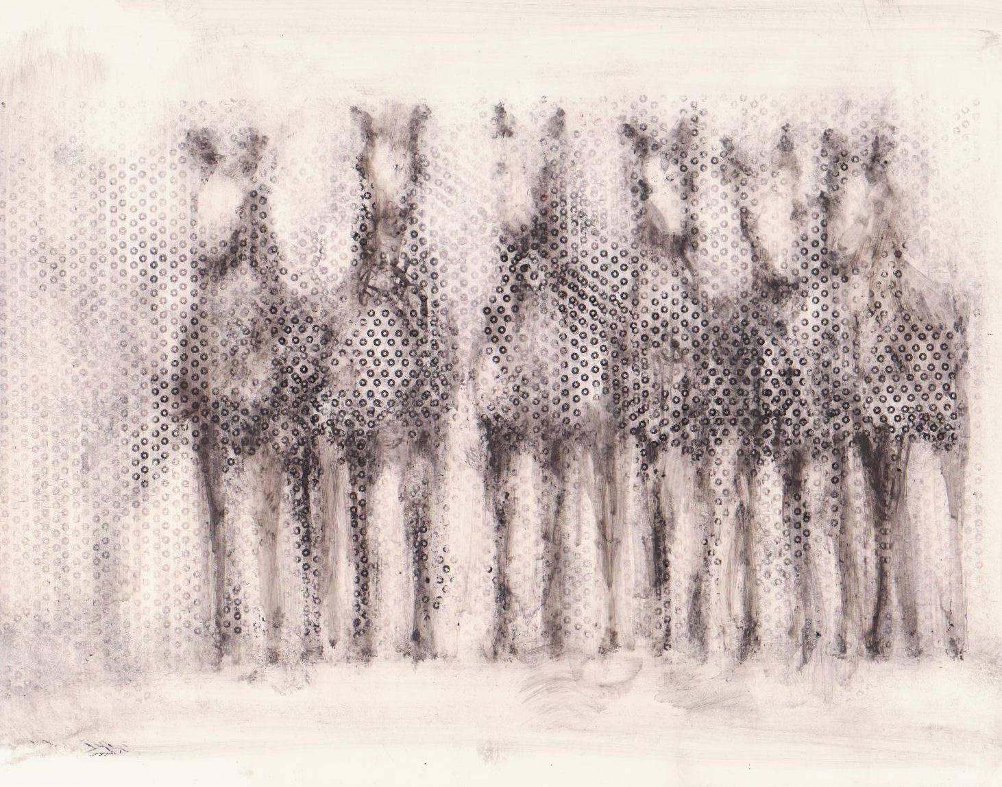 Alicia Rothman Animal Painting - 6 Dot Horses, oil on wood, mixed media, 8 x 10 inches. Painting of horses