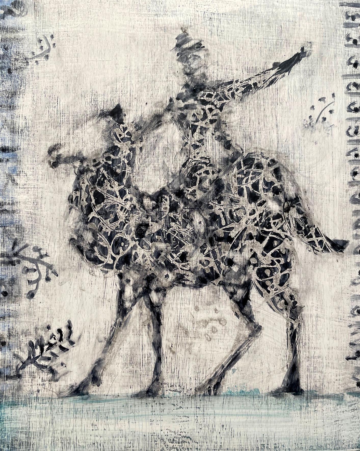 Alicia Rothman Figurative Painting - August Rider, abstracted oil painting of man riding camel, black and white