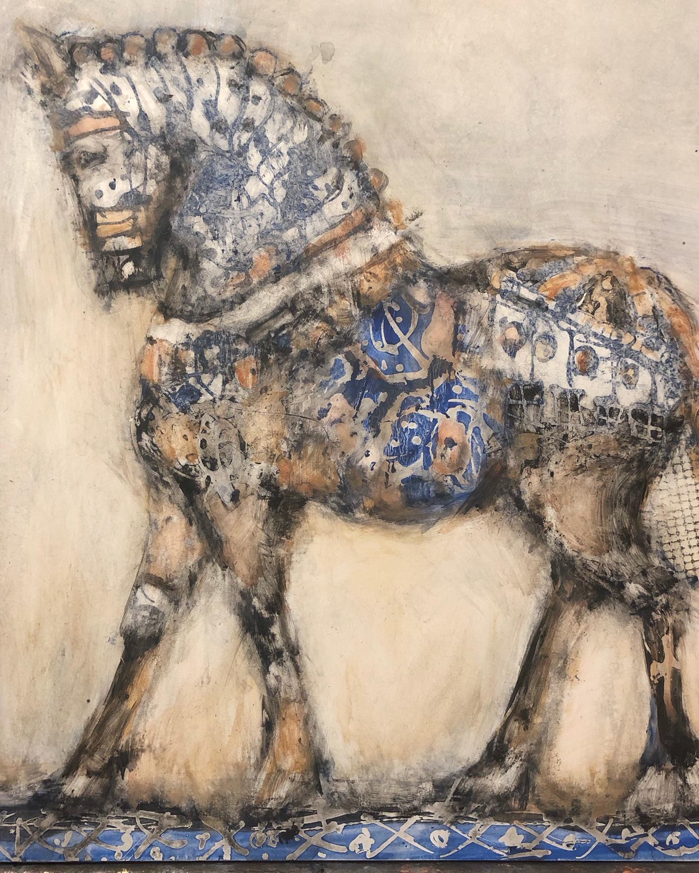 Alicia Rothman Animal Painting - Axl, abstracted oil painting of horse, blue and orange, neutral earth tones