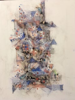 Blue and Red, geometric abstraction, oil painting on panel