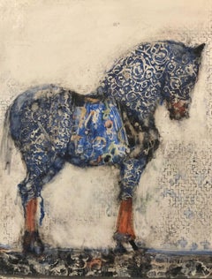 Blue Persian Horse, geometric pattern, oil painting on panel