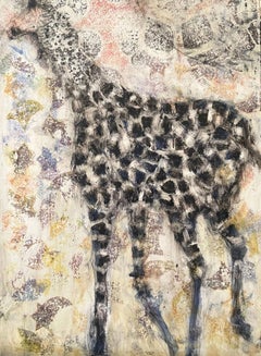 Carnival Giraffe, oil painting on panel of zoo animal, neutral tones