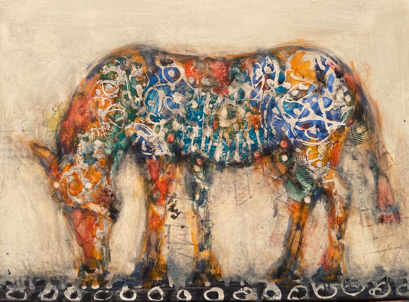 Alicia Rothman Figurative Painting - Dixie, oil painting on panel of horse, red and blue patterns