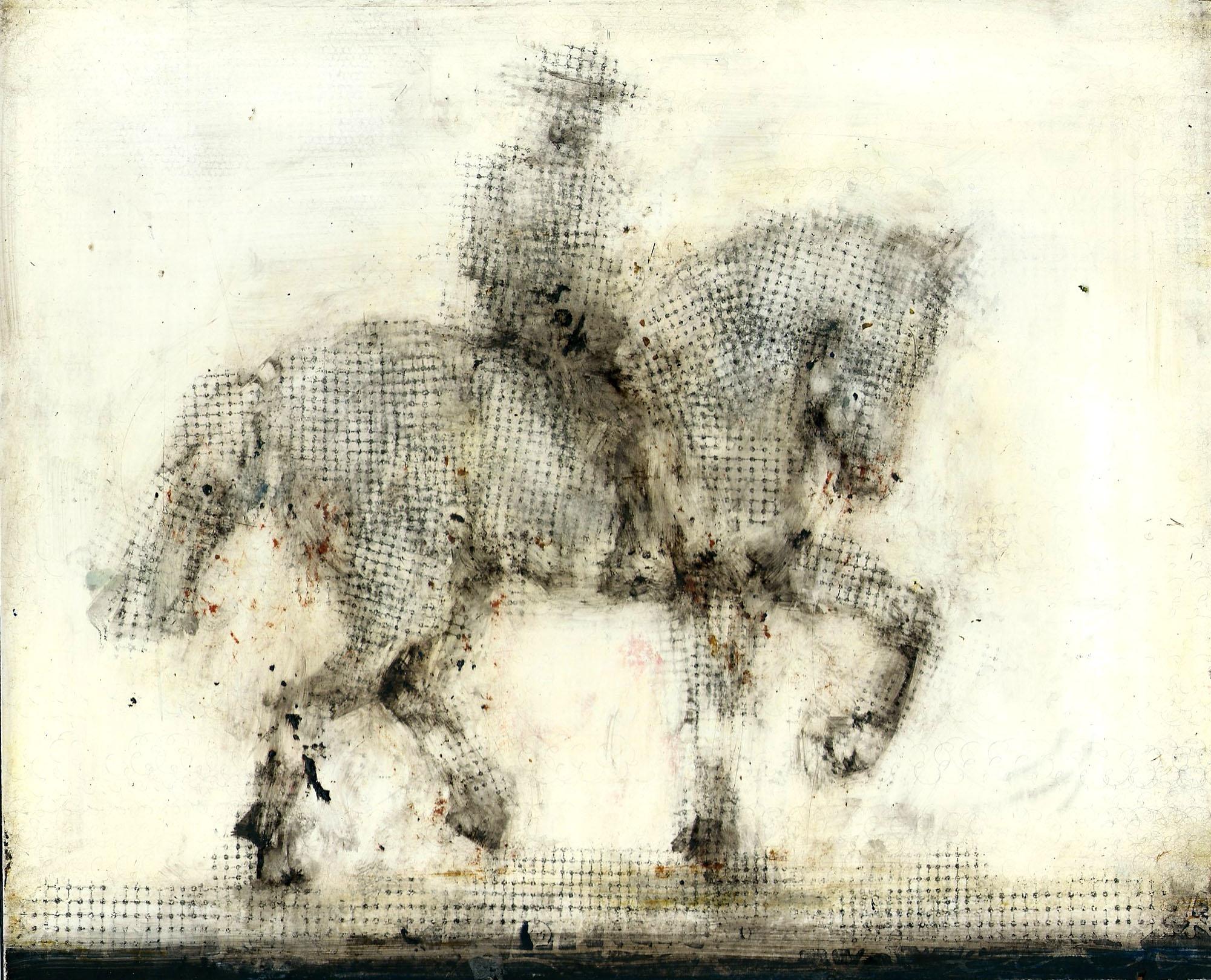 Alicia Rothman Animal Painting - Horse and Rider, mixed media, oil on panel, 10 x 8 inches. Dotted display