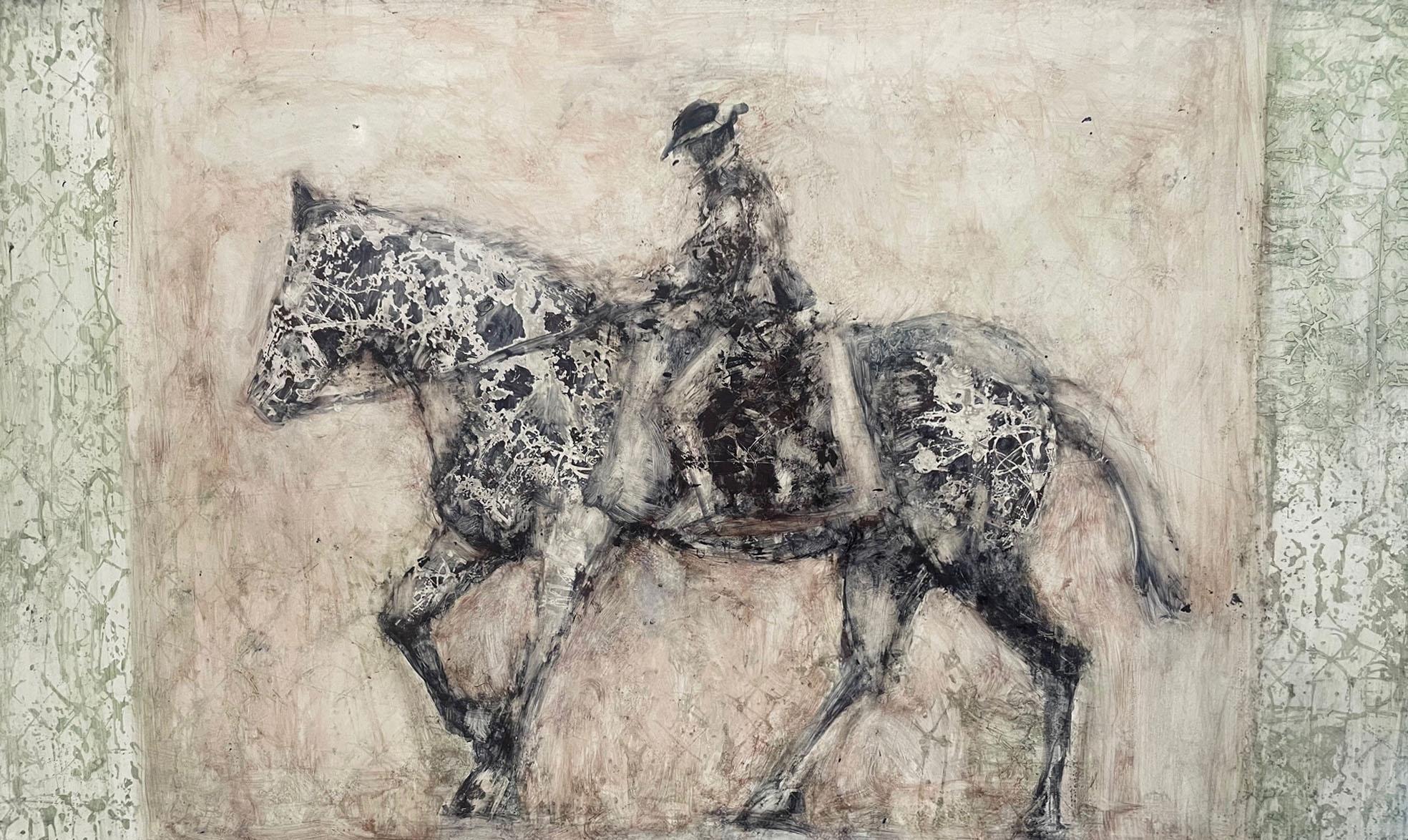 Alicia Rothman Animal Painting - July Rider (black & white, horse, animal painting, patterns, figure)