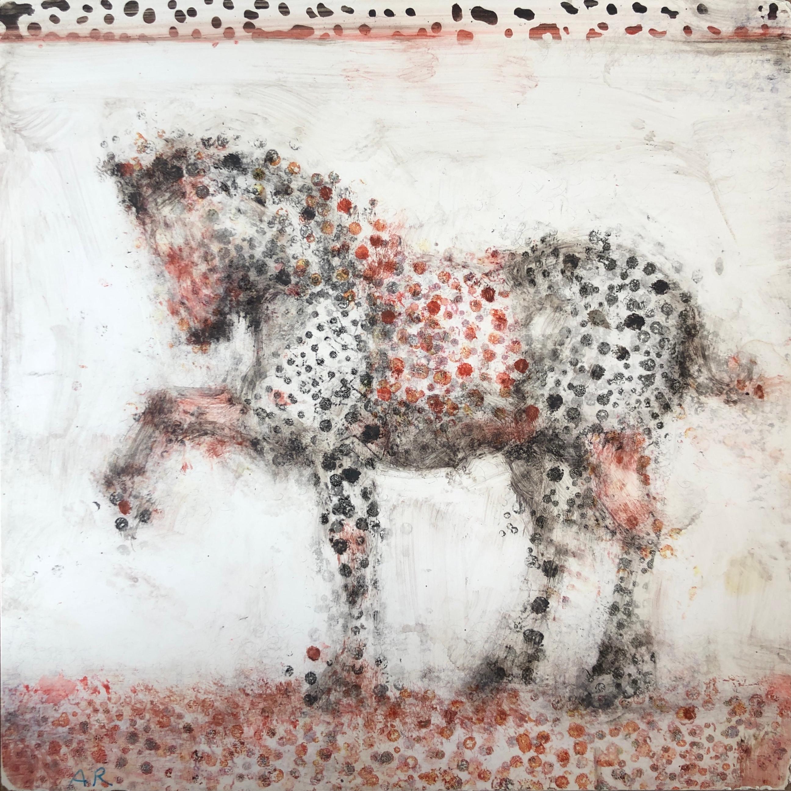 Alicia Rothman Animal Painting - Red and Black Dots, oil painting on panel of horse, earth tones