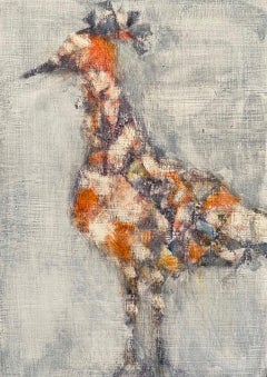 Red Blue Bird, abstracted oil painting of bird, neutral earth tones