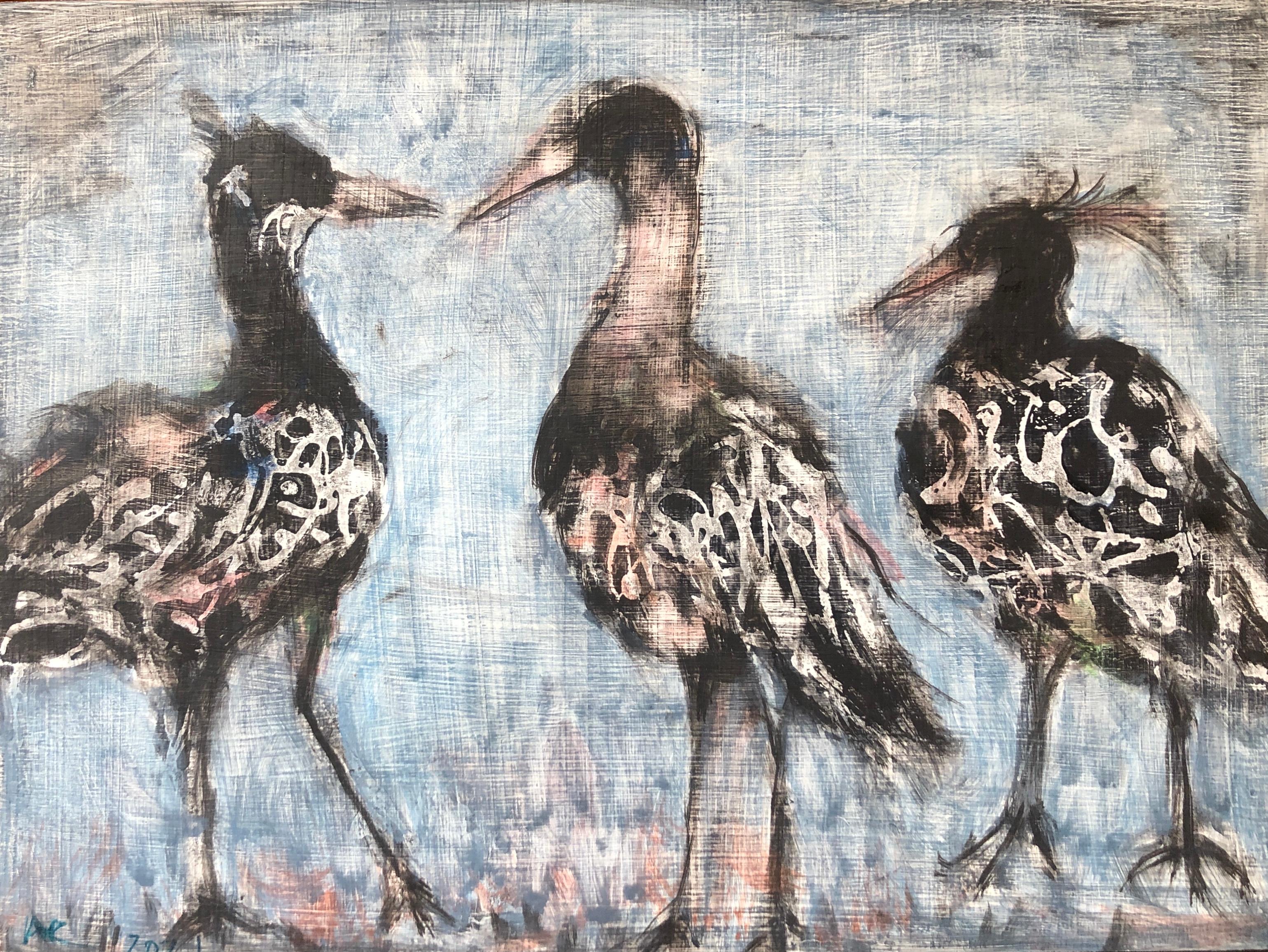 Alicia Rothman Figurative Painting - Three Birds, oil painting on panel of birds, neutral earth tones and blue
