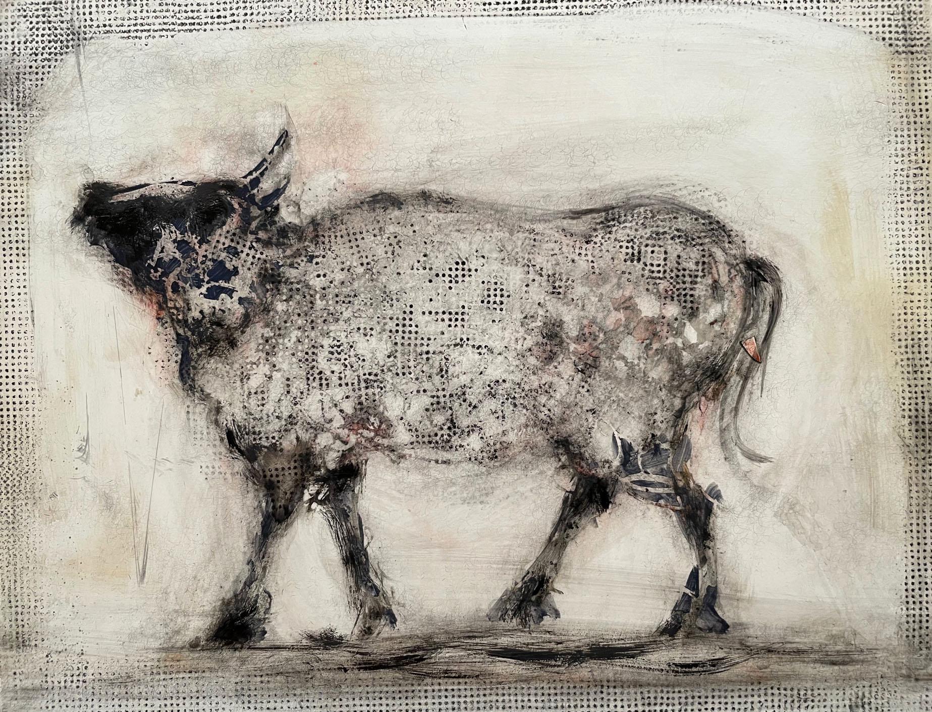 Alicia Rothman Animal Painting - Toro 2, abstracted oil painting of bull, black and white, neutral earth tones