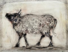 Toro, abstracted oil painting of bull, black and white, neutral earth tones