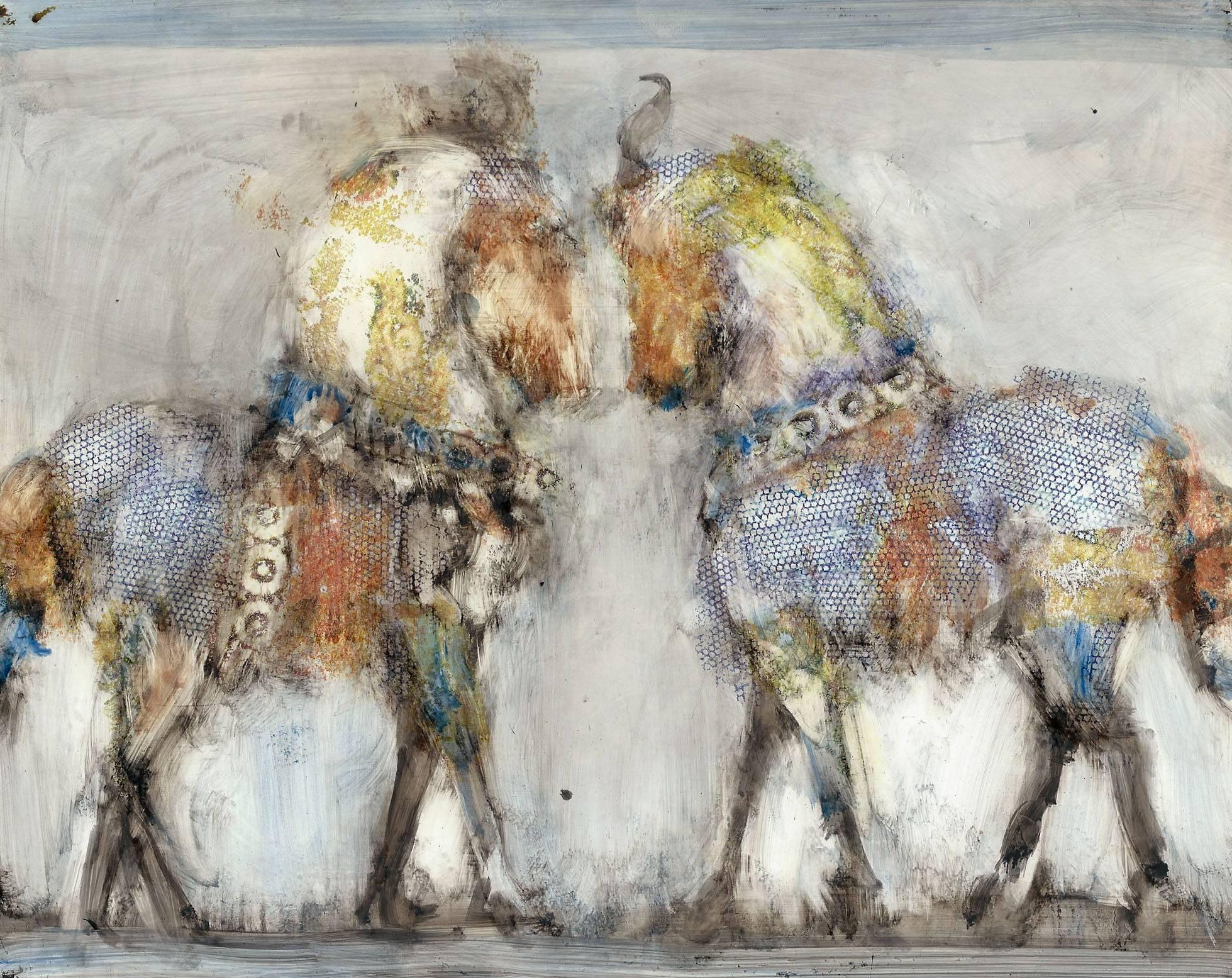 Alicia Rothman Animal Painting - Two Horses, oil on canvas, 8 x 10 inches. Abstract horse painting