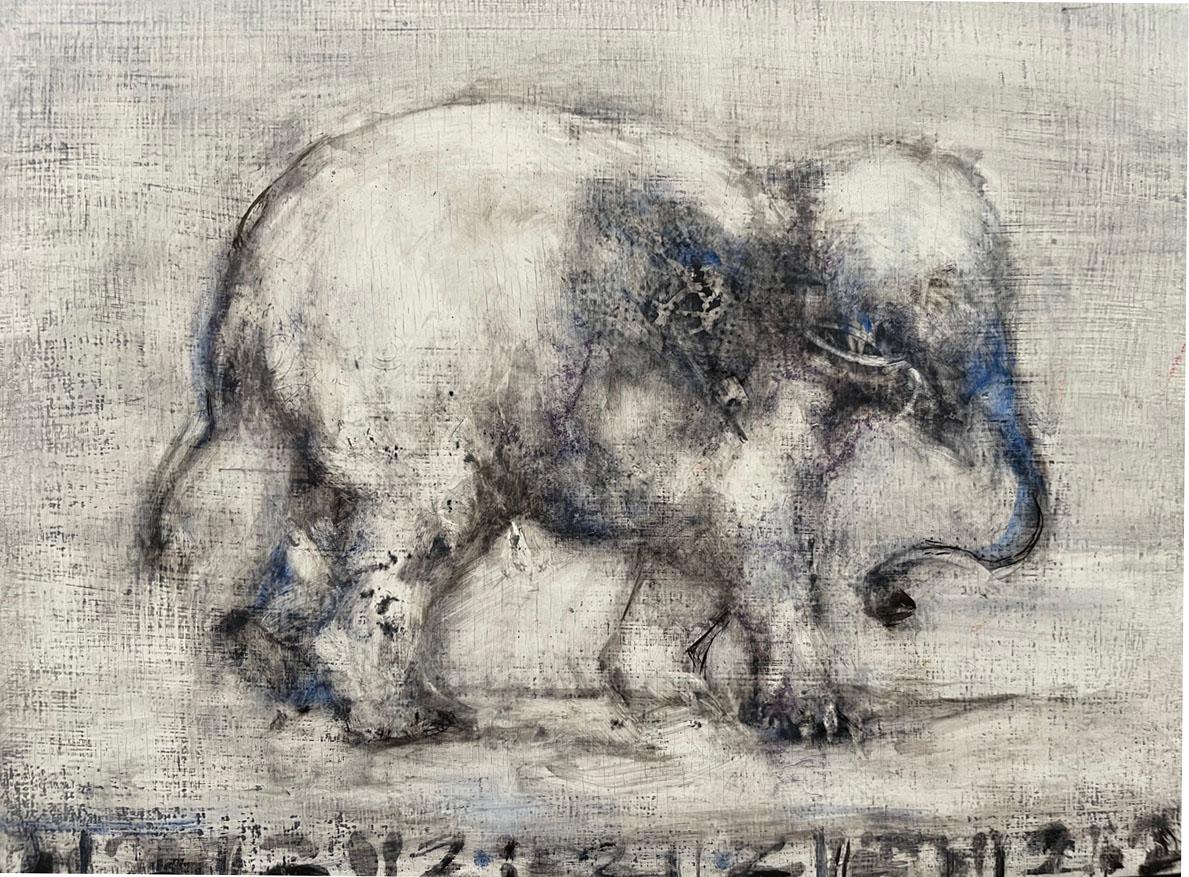 Alicia Rothman Figurative Painting - Walking Elephant, oil painting on panel of elephant, neutral tones