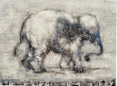 Walking Elephant, oil painting on panel of elephant, neutral tones