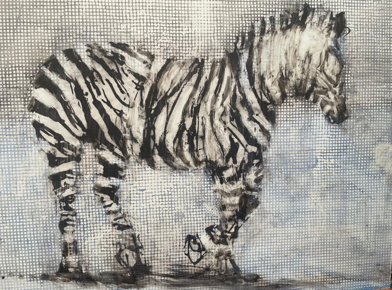 Alicia Rothman Figurative Painting - Zebra, oil painting on panel of zebra, neutral earth tones and blue