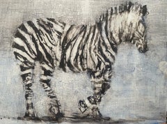 Zebra, oil painting on panel of zebra, neutral earth tones and blue