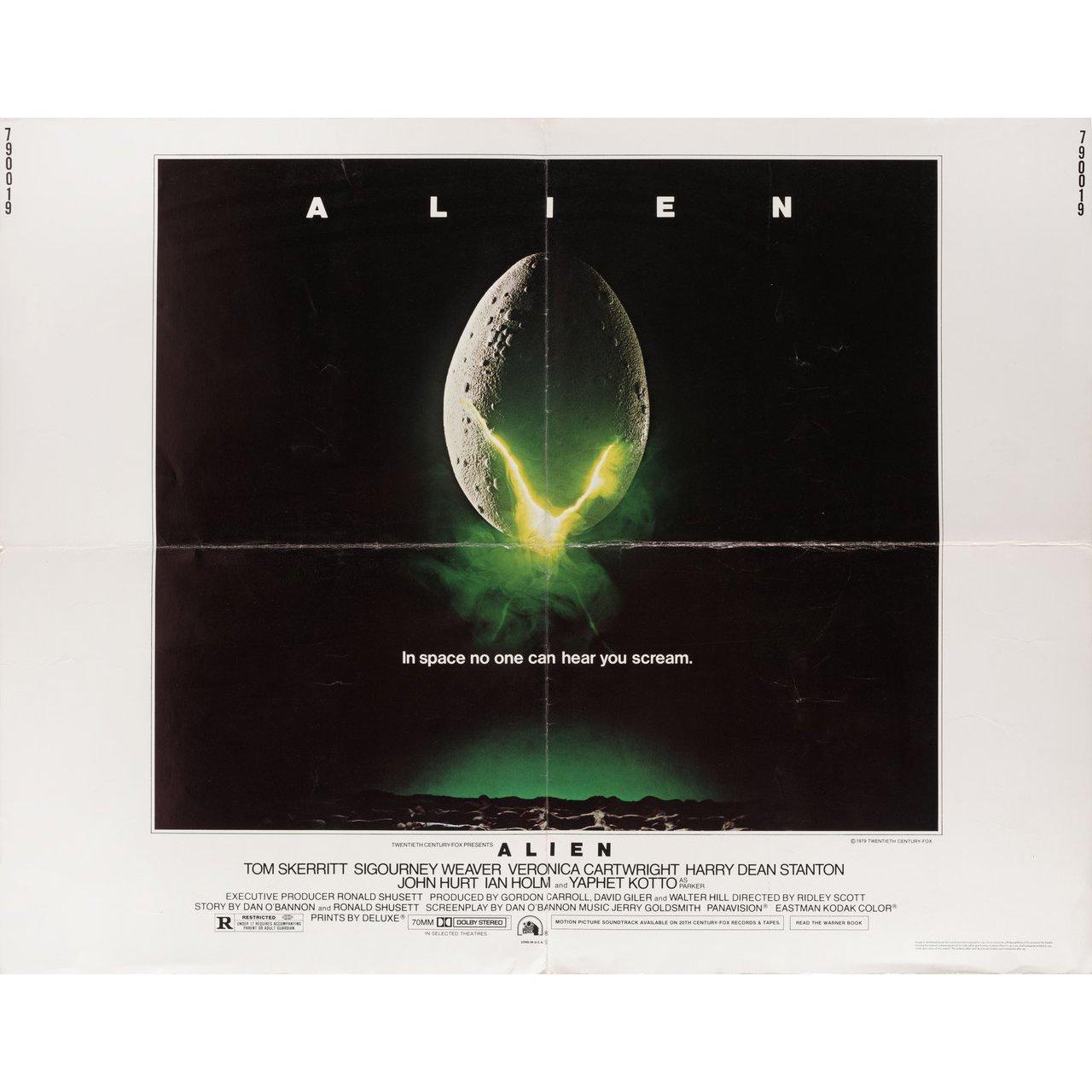 Original 1979 U.S. half sheet poster for the film Alien directed by Ridley Scott with Tom Skerritt / Sigourney Weaver / Veronica Cartwright / Harry Dean Stanton. Very Good-Fine condition, folded. Many original posters were issued folded or were