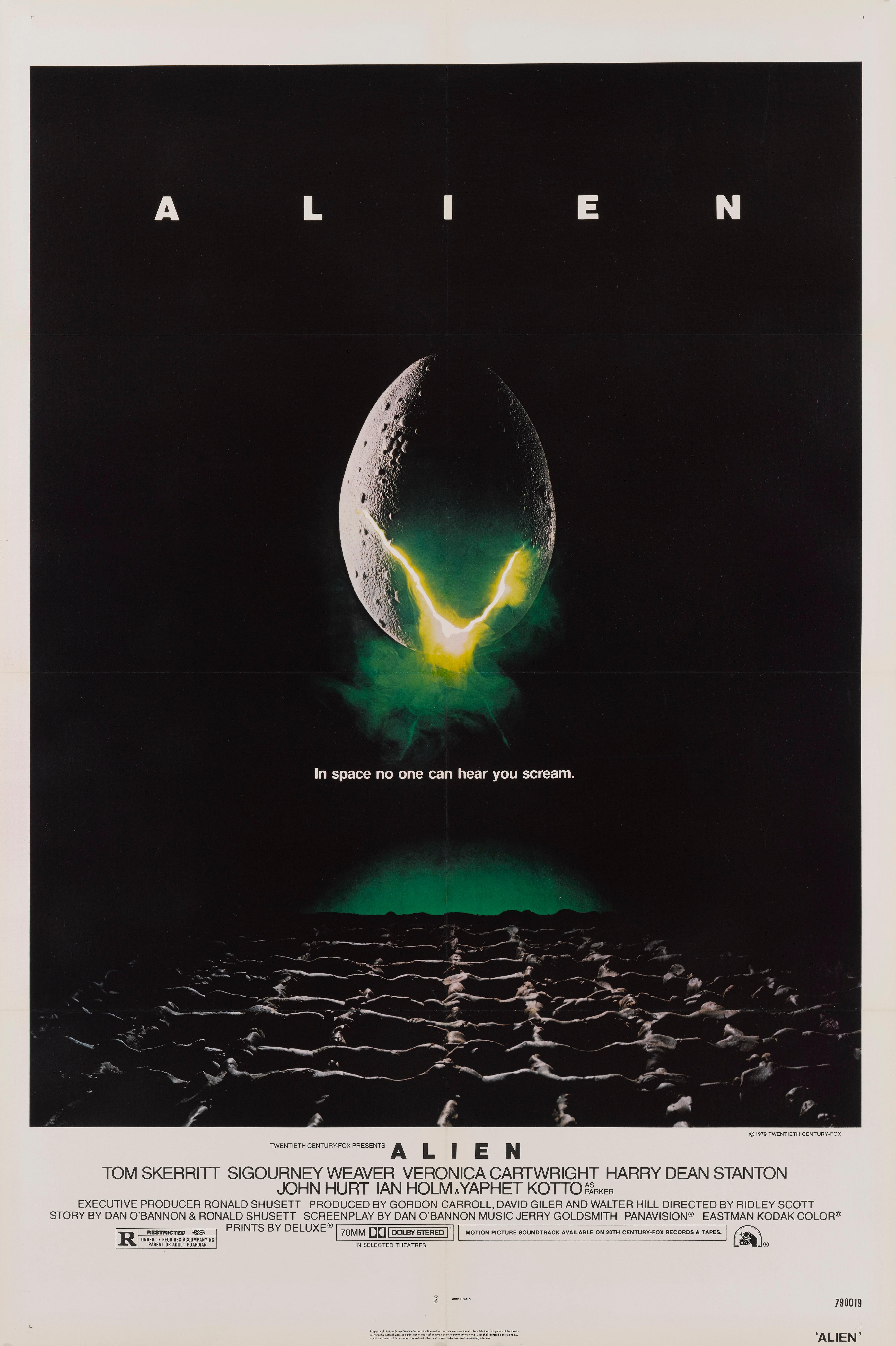 Original US film poster for Ridley Scott's Classic 1979 Science-Fiction movie,
starring Tom Skerritt, Sigourney Weaver, John Hurt. This poster was designed by the American poster artist Steve Frankfurt (1931-2012) It also features one of the most