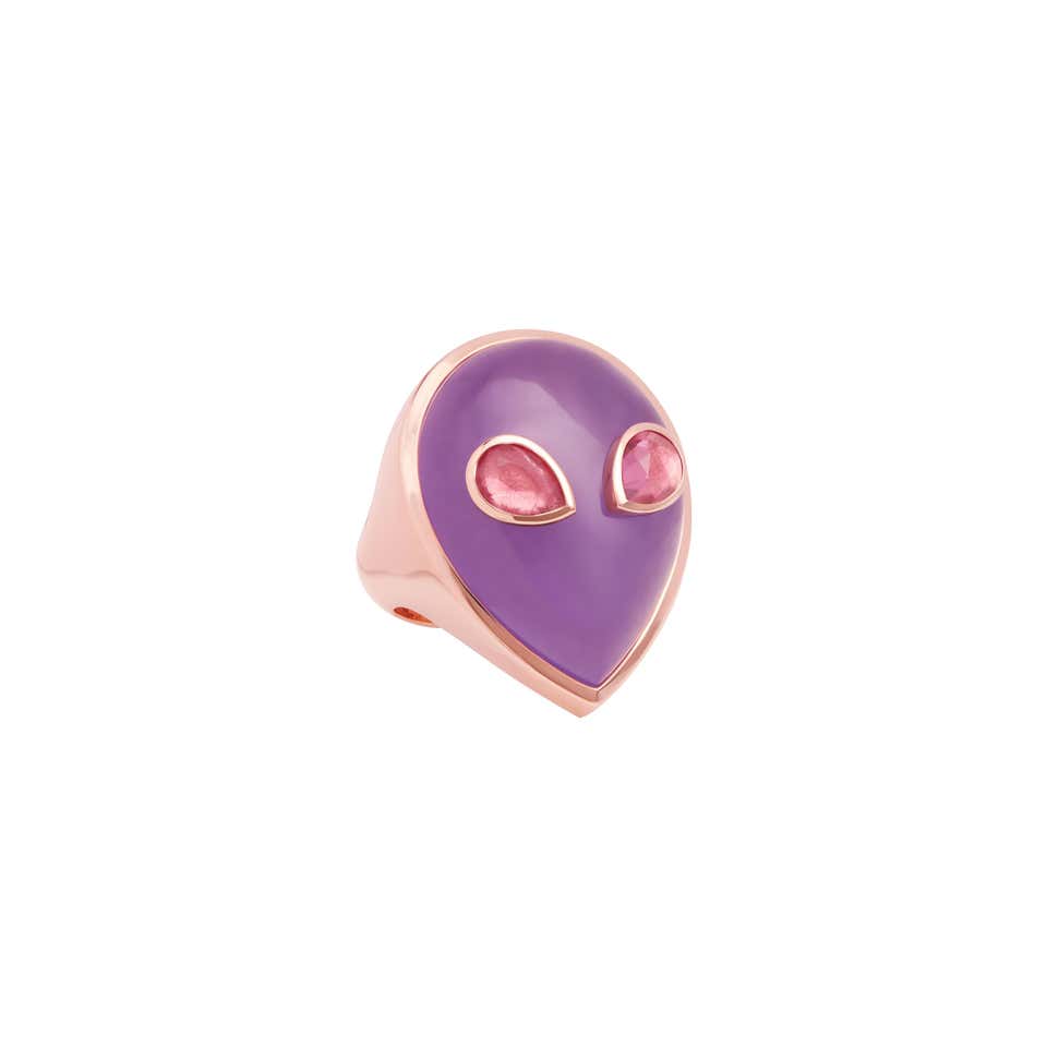 Alien Language Rings Alien Ring, 18 Karat Yellow Gold White Agate and Pink Tourmaline ...