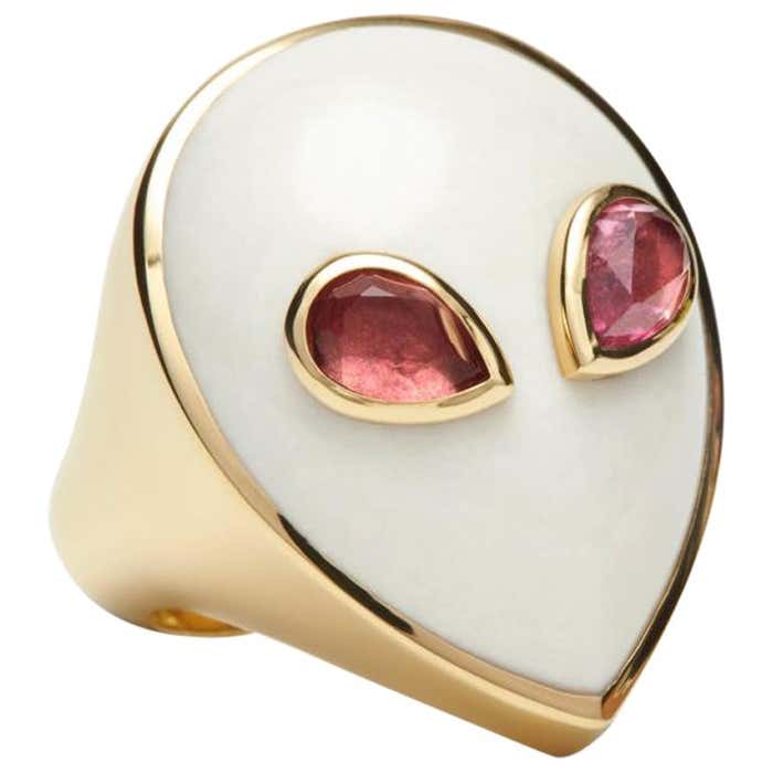 Alien Language Rings Alien Ring, 18 Karat Yellow Gold White Agate and Pink Tourmaline ...