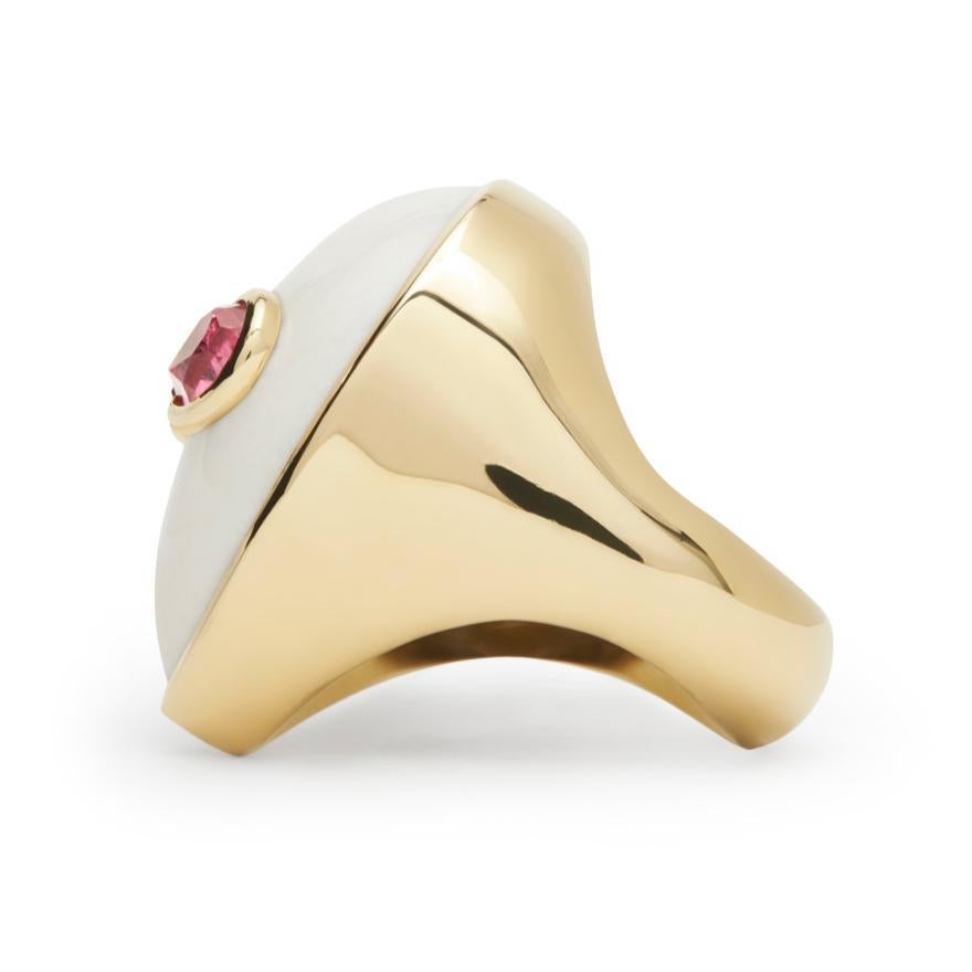 A 90’s obsession with aliens and a minimalist aesthetic are the inspiration behind this limited edition ring. Bright colored stones imitate the fluorescent colors popular in the 90’s and bring life to this extraterrestrial face made of white agate