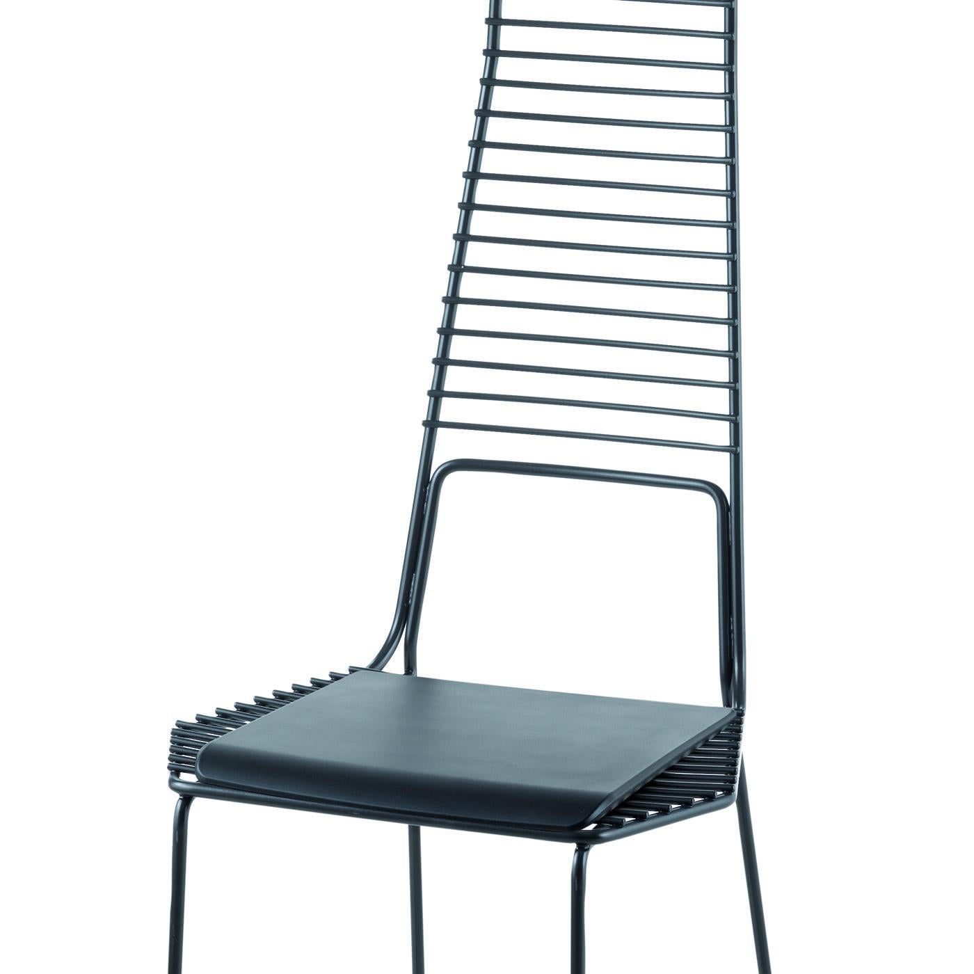 Elegant in its simple and streamlined Silhouette, this set of two chairs of the Alieno series is available in three models: with standard back, winged back and tall back (featured). Fashioned of metal with a black embossed finish, this chair has a