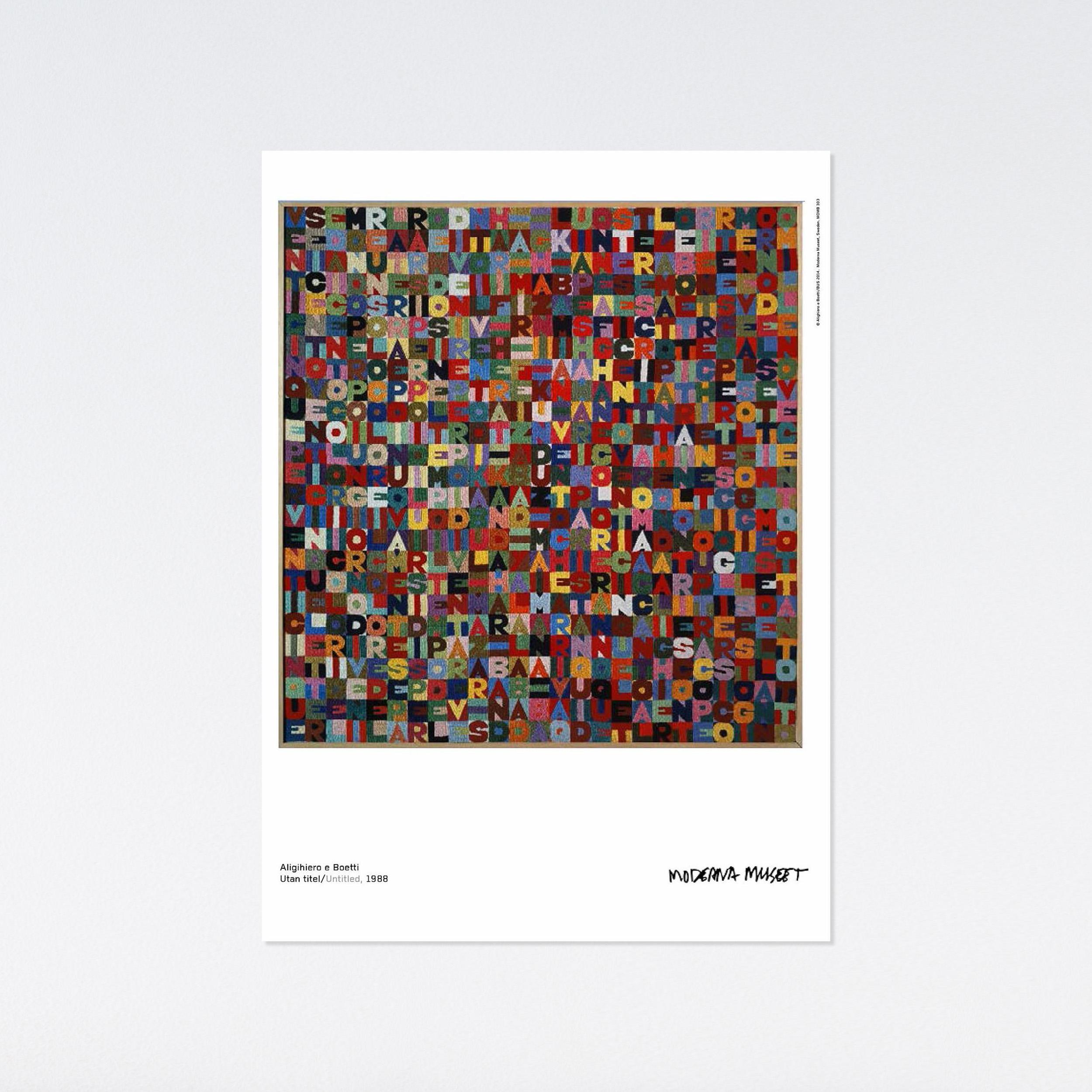 2014 poster from the Moderna Museet featuring the work of Alighiero Boetti. 

19.68 x 27.55 in
50 x 70 cm

A prominent member of the Italian conceptual art movement Arte Povera, Alighiero Boetti became famous for his colorful, woven grids of letters
