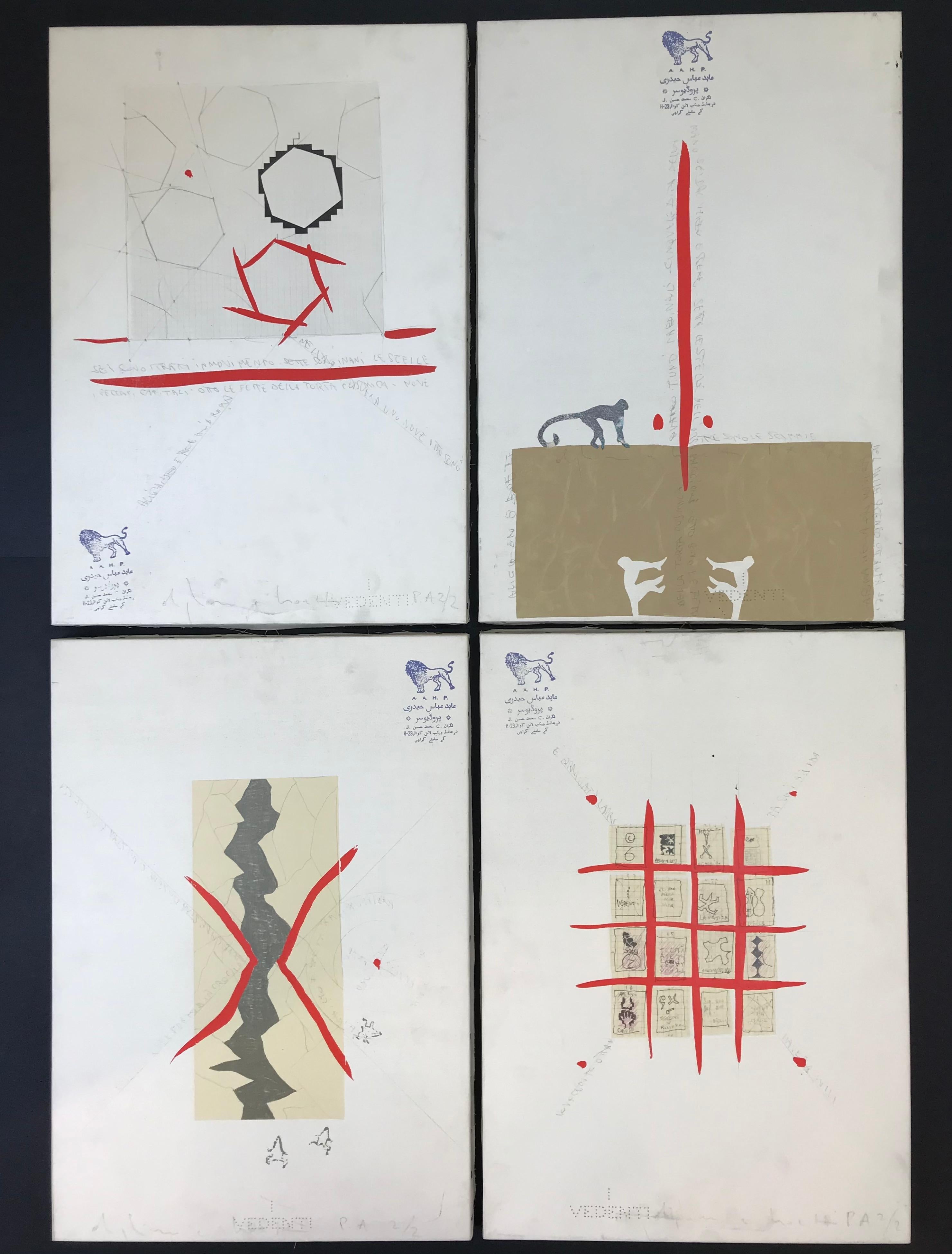 4 lithographic screen printing on canvas ( complete folder ), edited in 1988
limited edition of 100 copies and 2 PA ( artist proofs )
each work numbered as: PA 2/2
each work: H 50 x L 35 cm (19,68 x 13,77 in )
very good conditions
the works are part