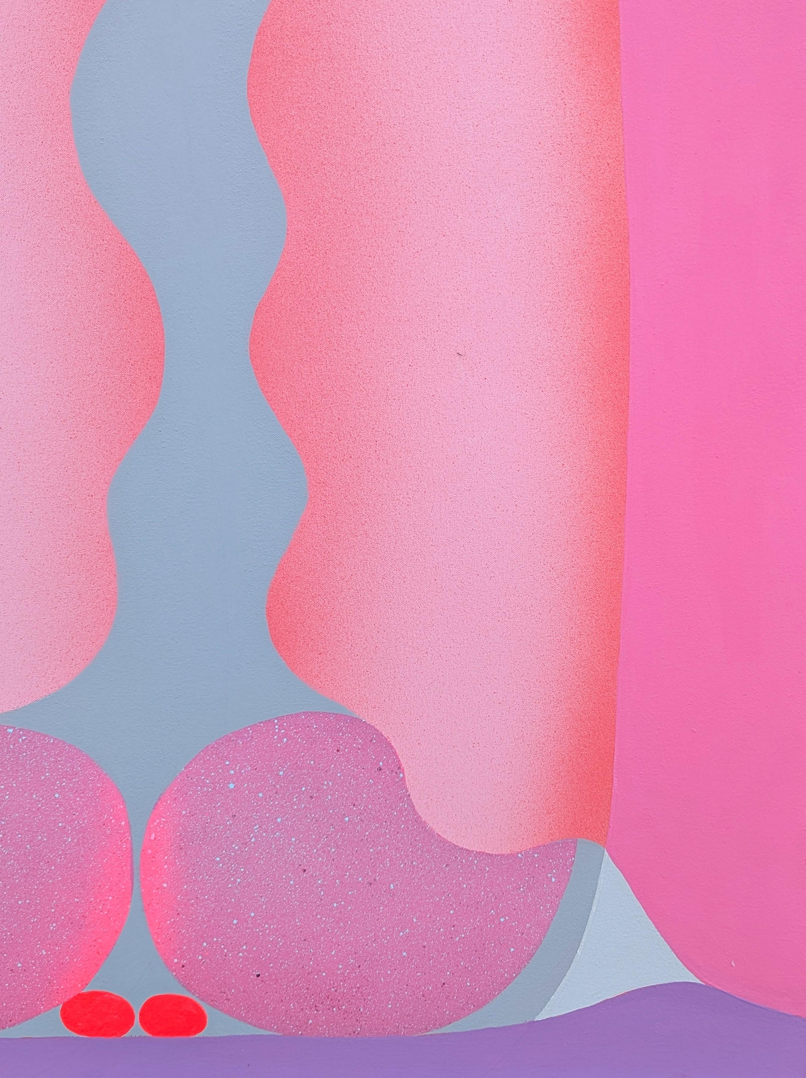 Quadro astratto dai colori rosa e viola dell'artista contemporanea Alika Herrshoff. L'opera presenta forme piatte e grafiche in varie tonalità colorate. Firmato, intitolato e datato sul retro. Attualmente non è incorniciato, ma sono disponibili