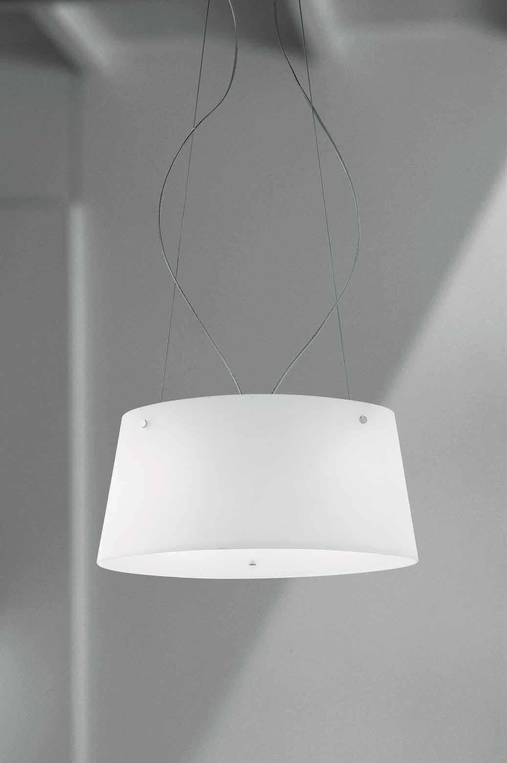 A satin blown glass wall pendant made of a conical base and a ovoid shape. Glass color tone in white. Visible metal parts in satin nickel. LED dimmable lighting. Dimensions are in reference to the light fixture and not inclusive of the hanging