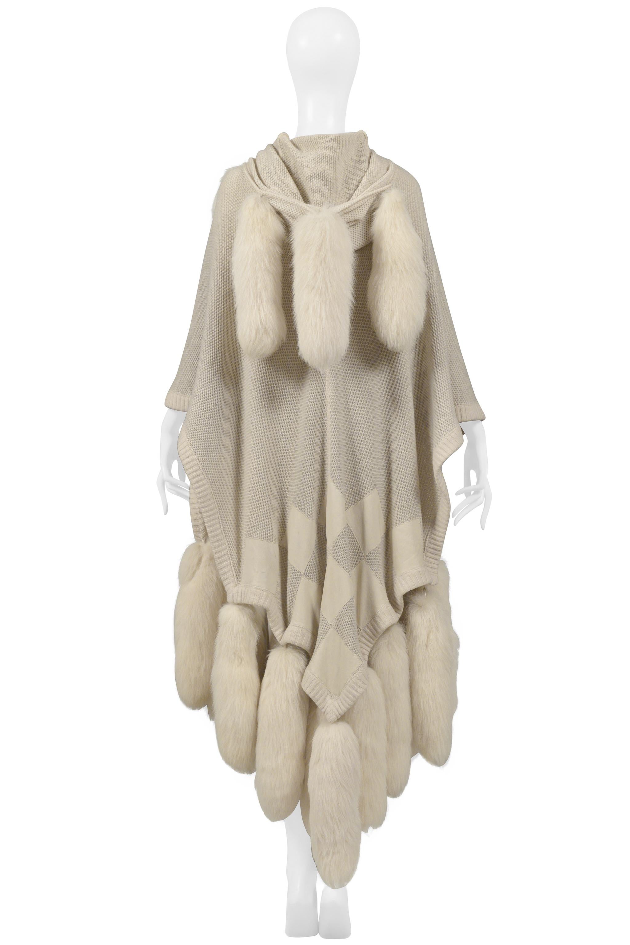 Alimia Paris Off-White Cape With Fur Tails & Leather Patches In Excellent Condition For Sale In Los Angeles, CA