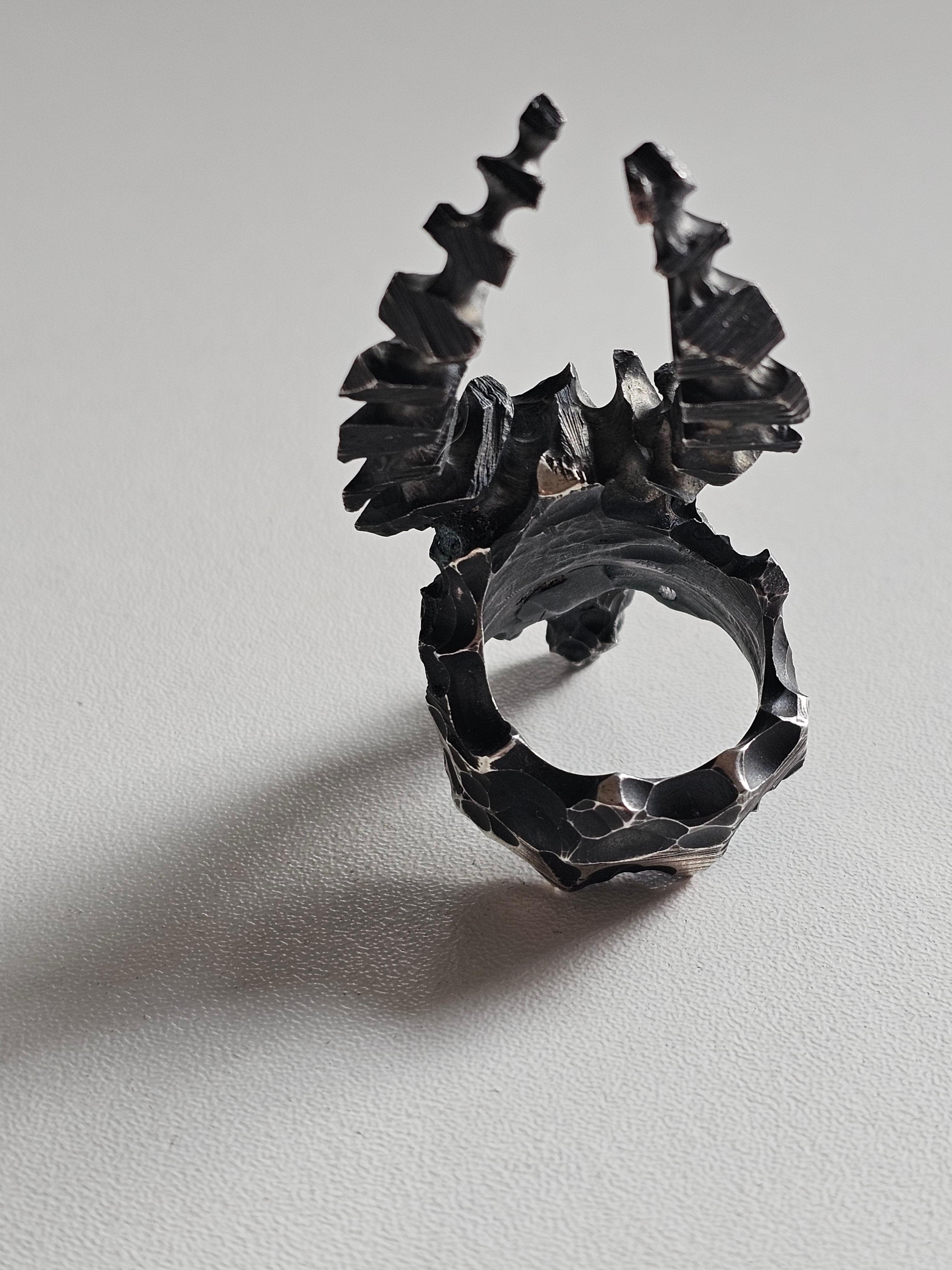 Alina Alamorean Bison Sculpted Contemporary Statement Ring Black Silver For Sale 4