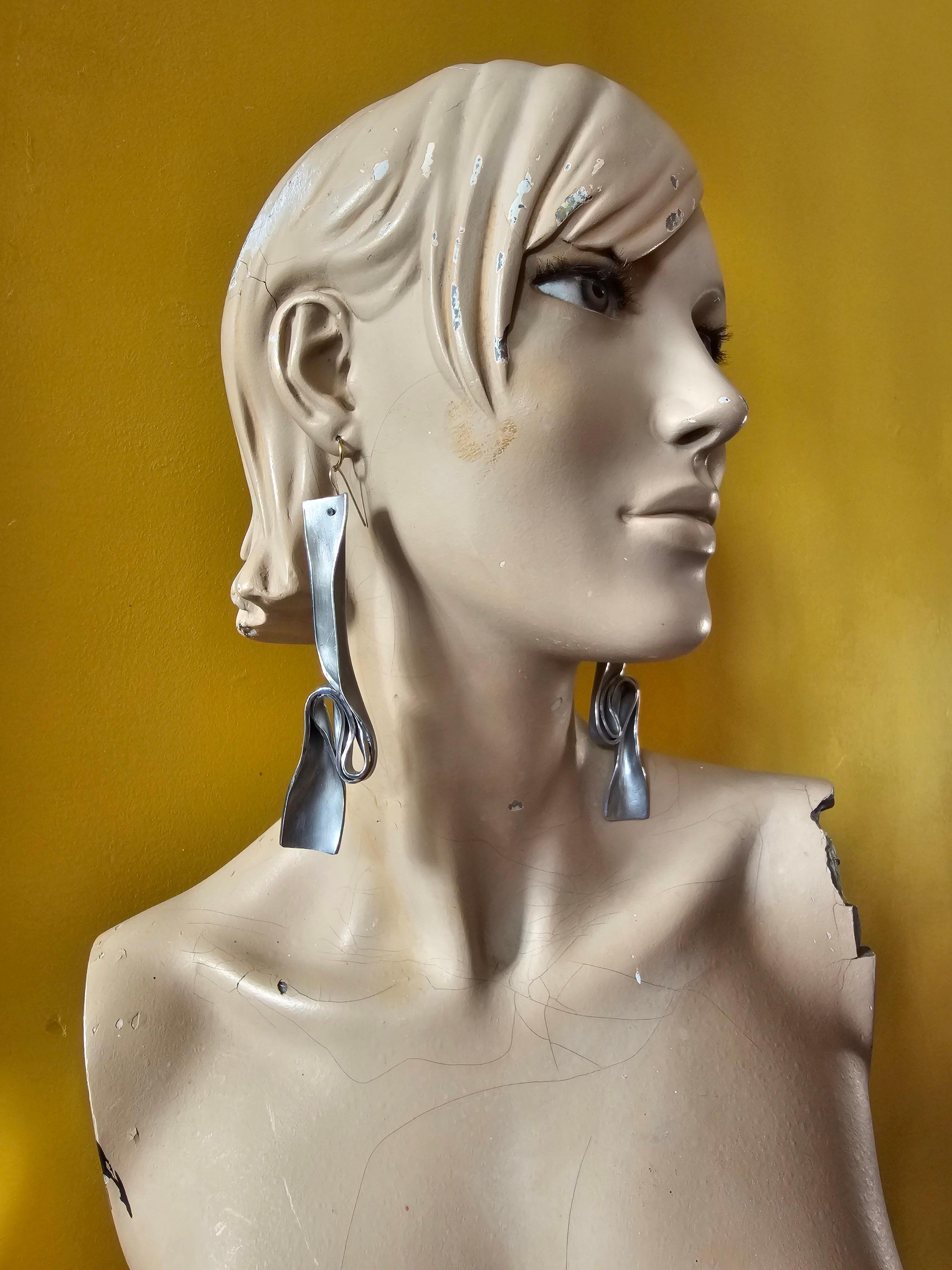 Alina Alamorean Long Comma Sculptural Contemporary Statement Earrings Aluminium For Sale 4