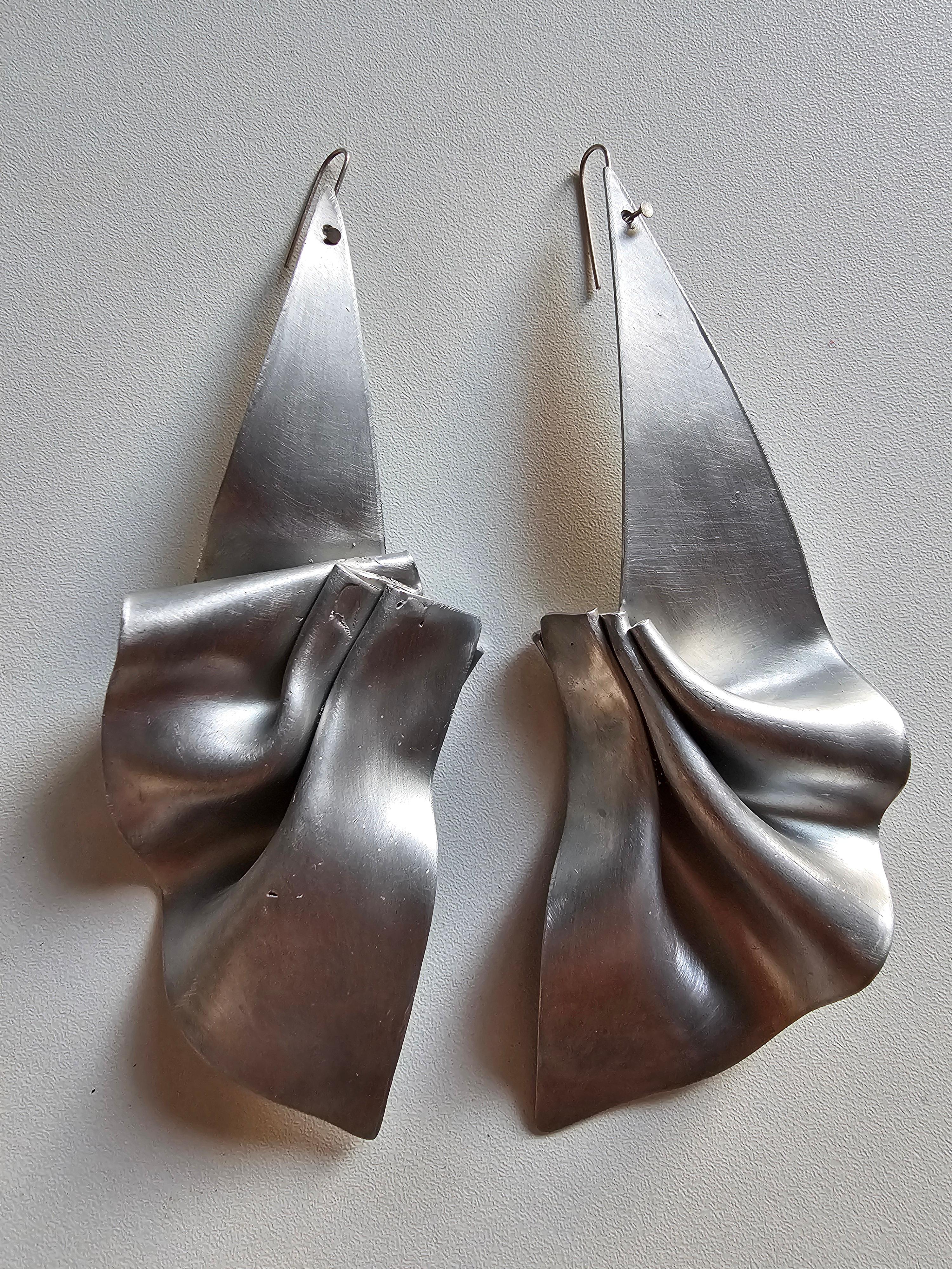 Alina Alamorean Long Pleats Sculptural Contemporary Statement Earrings Aluminium For Sale 1