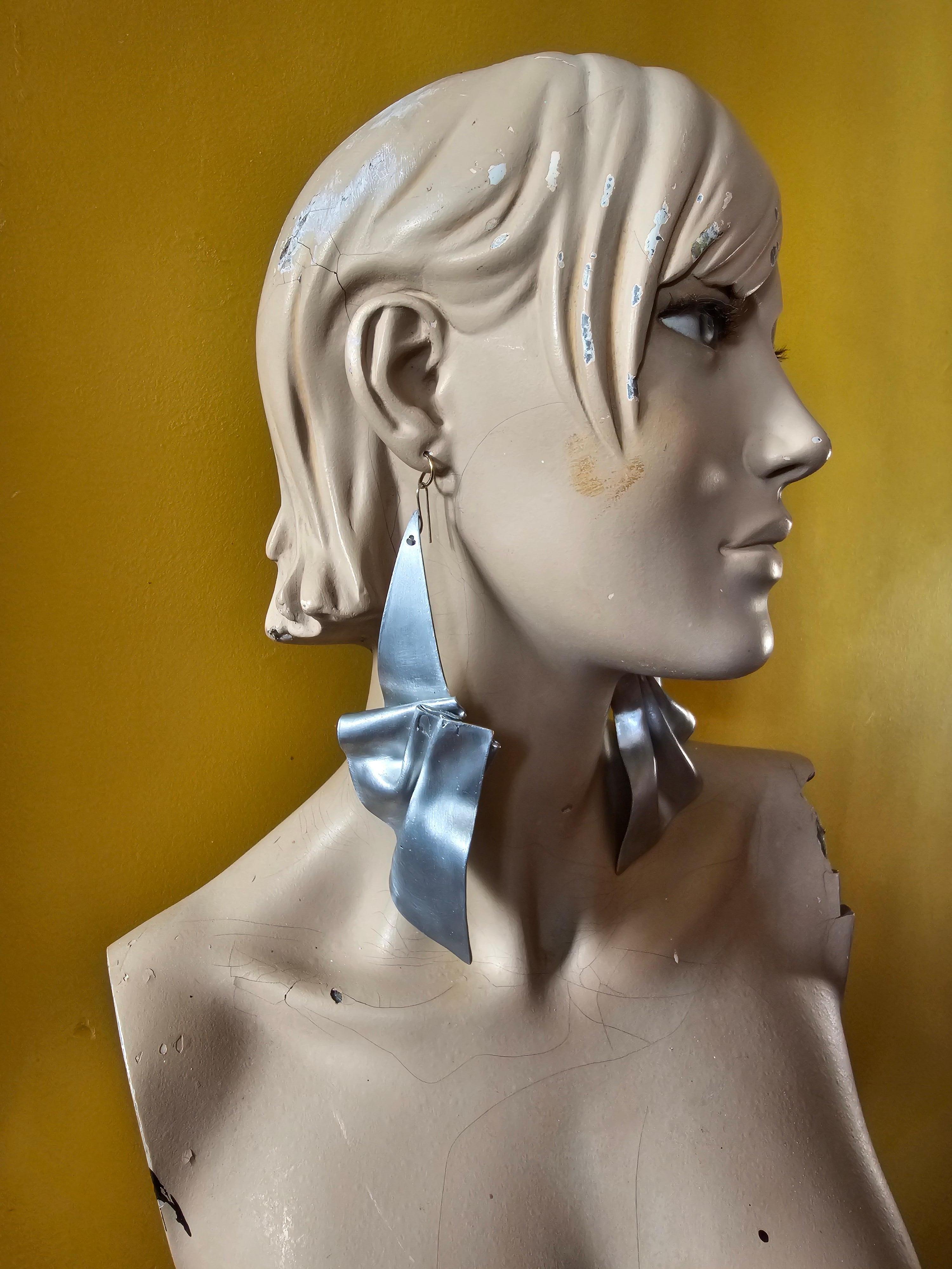 Alina Alamorean Long Pleats Sculptural Contemporary Statement Earrings Aluminium For Sale 2