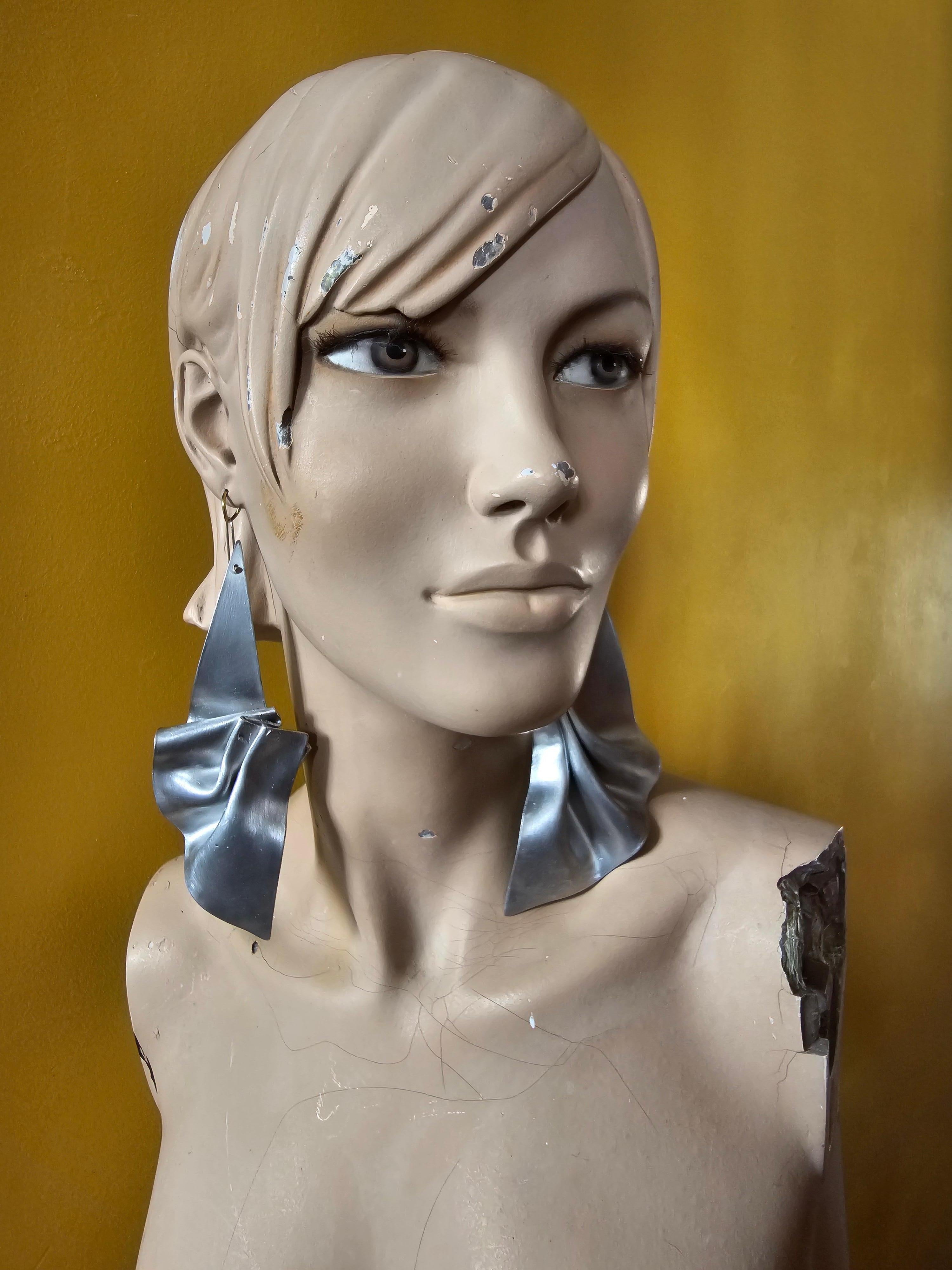 Alina Alamorean Long Pleats Sculptural Contemporary Statement Earrings Aluminium For Sale 4