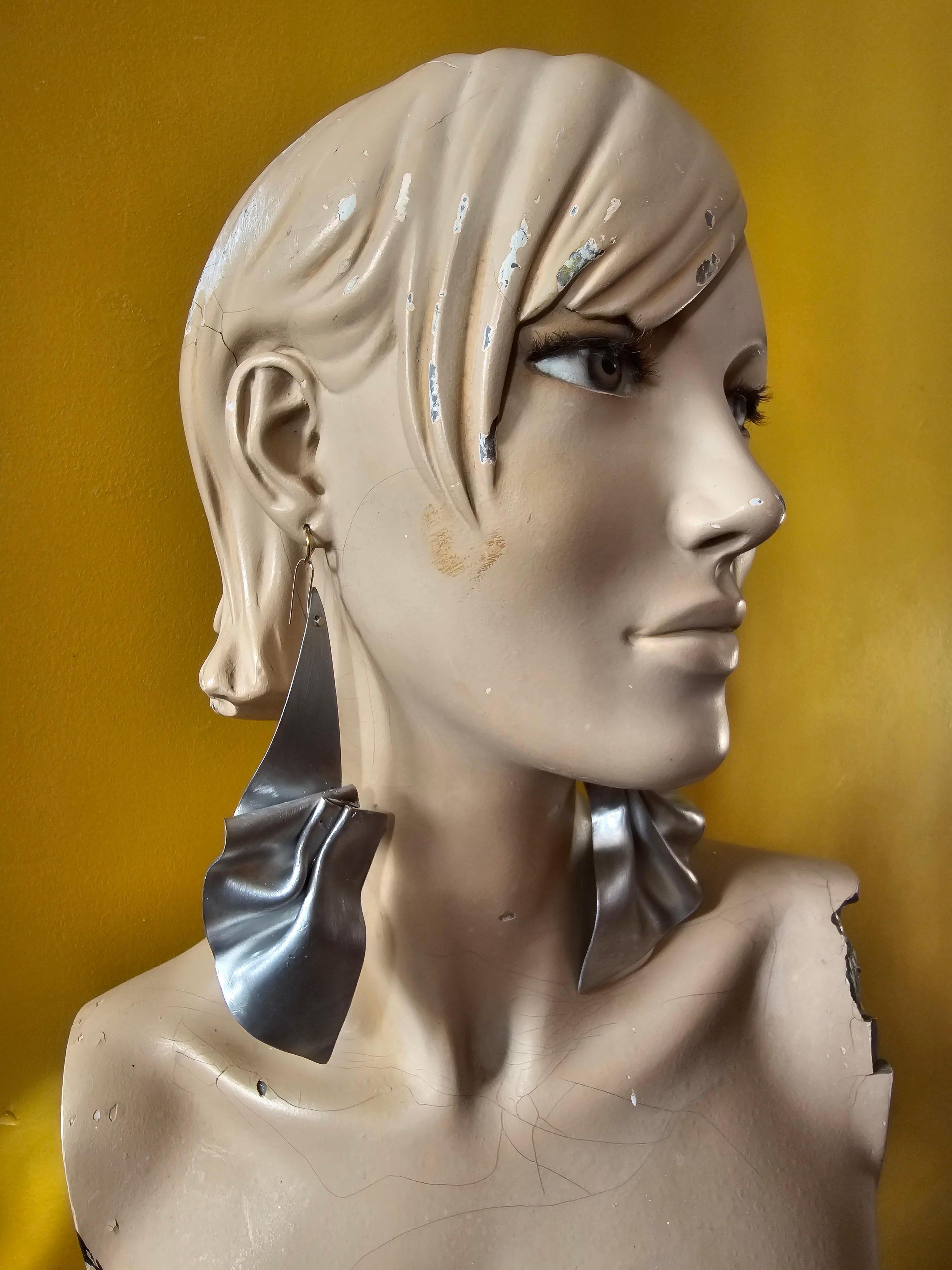 Alina Alamorean Long Pleats Sculptural Contemporary Statement Earrings Aluminium For Sale 5