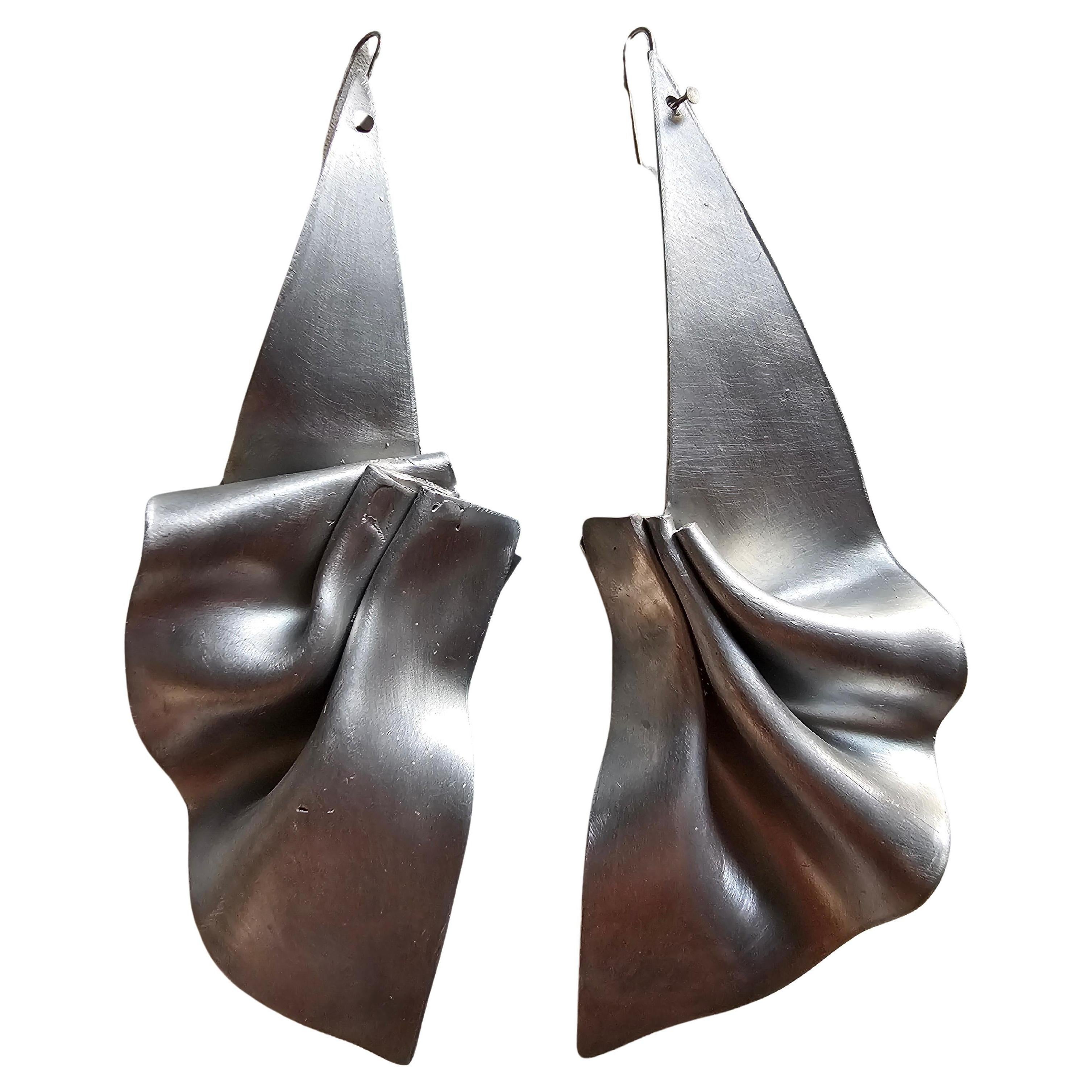 Alina Alamorean Long Pleats Sculptural Contemporary Statement Earrings Aluminium For Sale