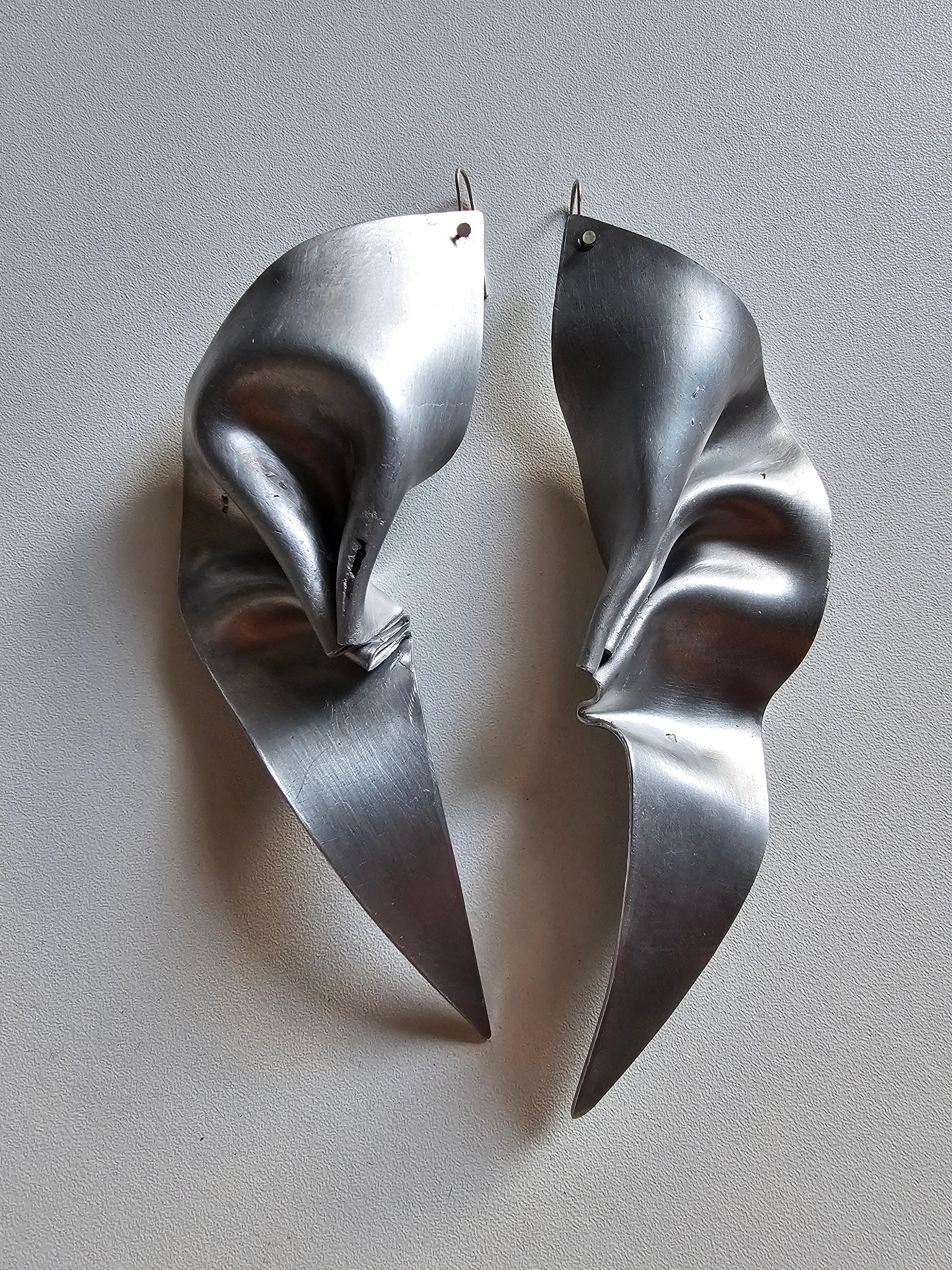 Shields Sculpture Statement Earrings in satinated aluminium and polished outlines 

From the 