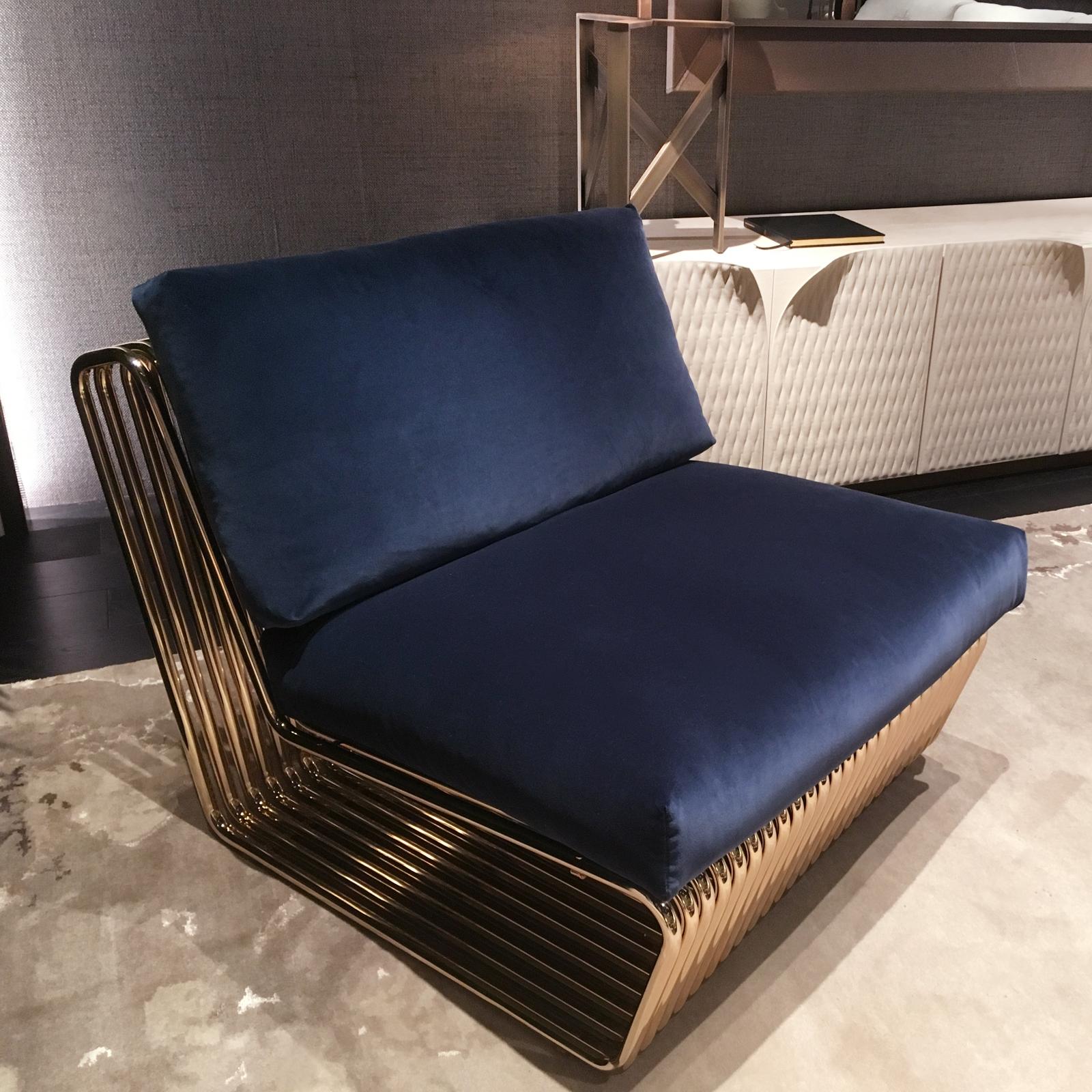 Italian Alina Armchair with Blue Velvet and Base in Gold Finish For Sale
