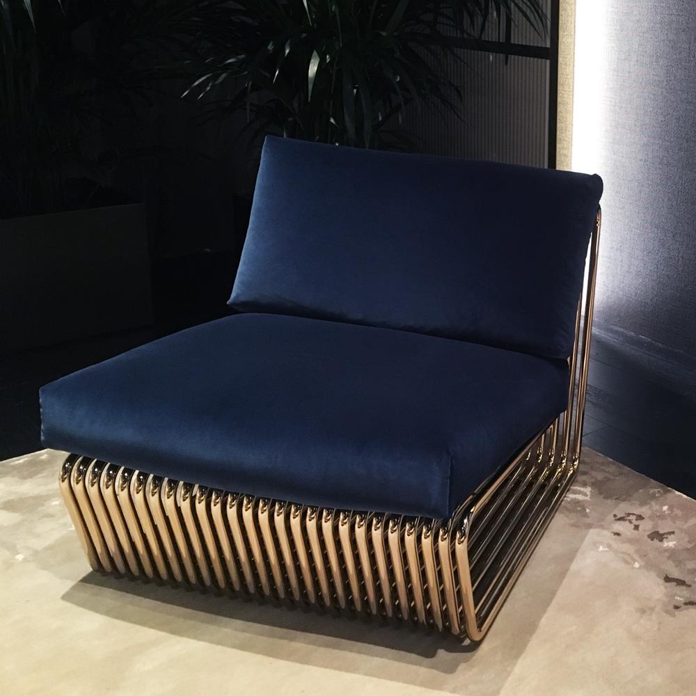 Hand-Crafted Alina Armchair with Blue Velvet and Base in Gold Finish For Sale