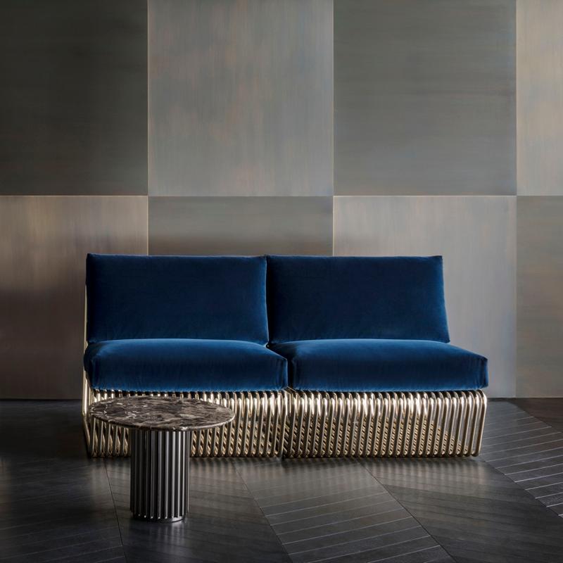 Stainless Steel Alina Armchair with Blue Velvet and Base in Gold Finish For Sale