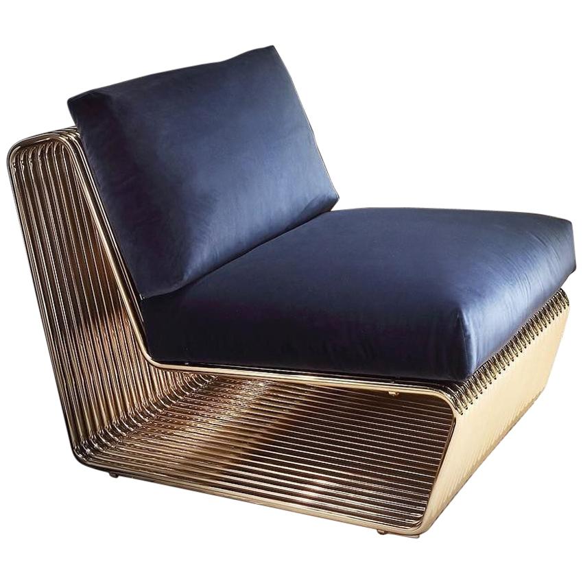 Alina Armchair with Blue Velvet and Base in Gold Finish