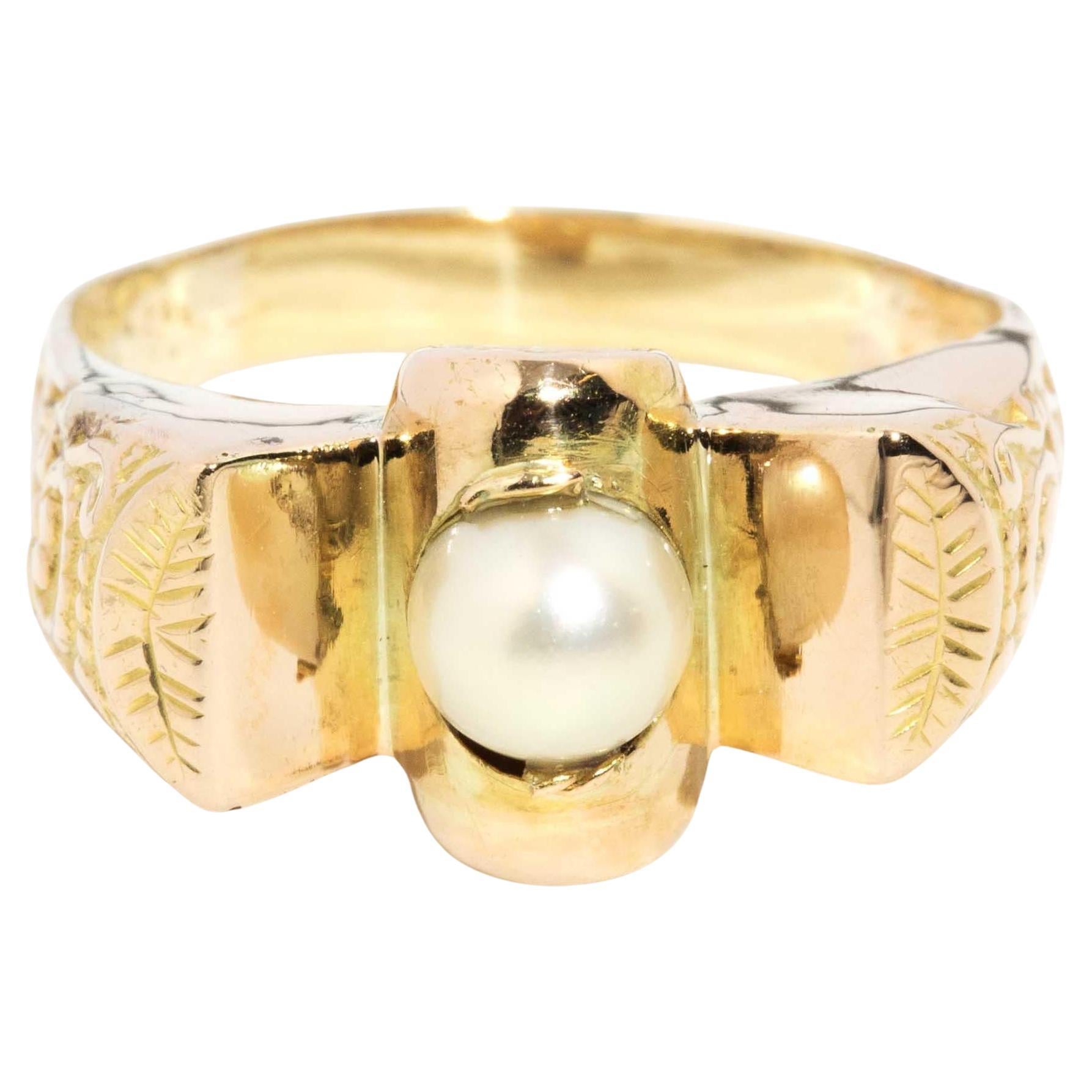 Alina Circa 1940s Art Deco Pearl Textured Ring 15 Carat Yellow Gold