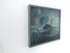 Senza titolo - Paesaggio blu con alberi, pittura ad olio figurativa del XX secolo