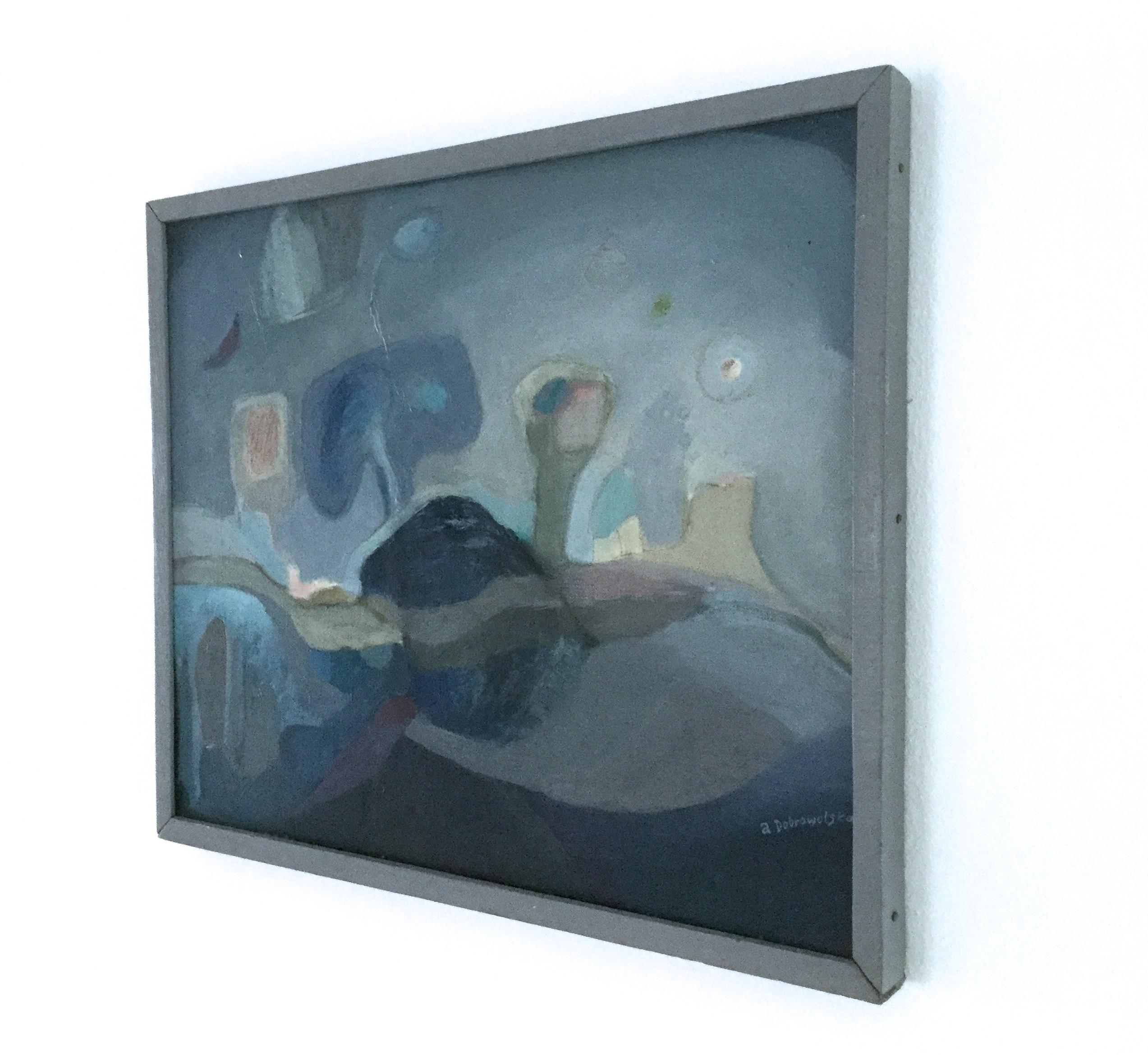 Senza titolo - Paesaggio blu con alberi, pittura ad olio figurativa del XX secolo - Painting Contemporaneo di Alina Dobrowolska